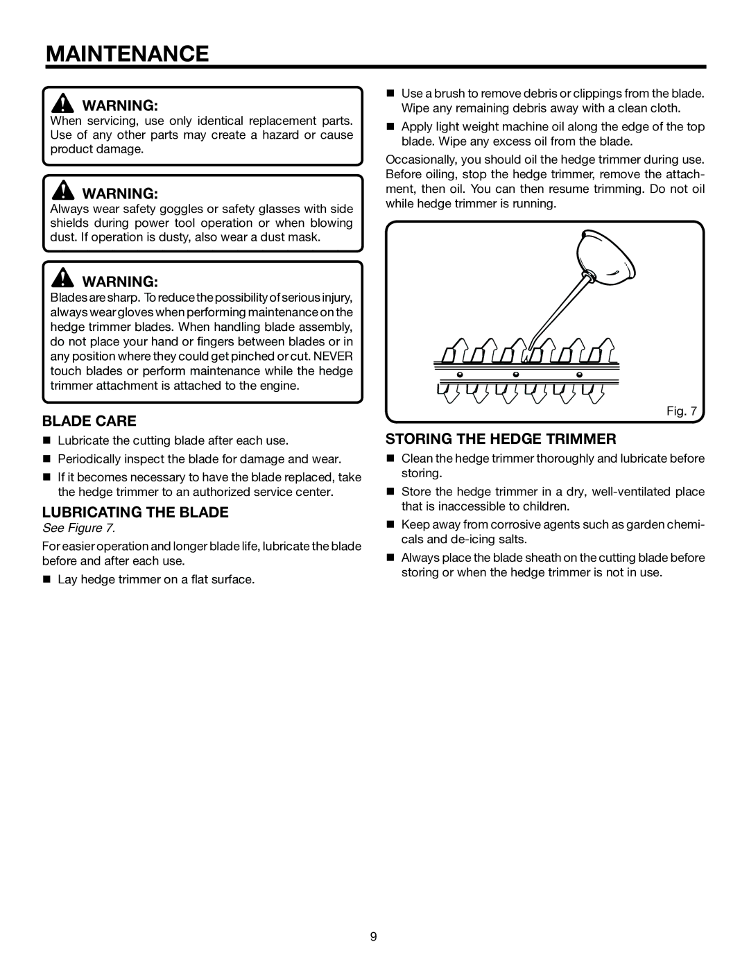 Ryobi UT15703A manual Maintenance, Blade Care, Lubricating the Blade, Storing the Hedge Trimmer 