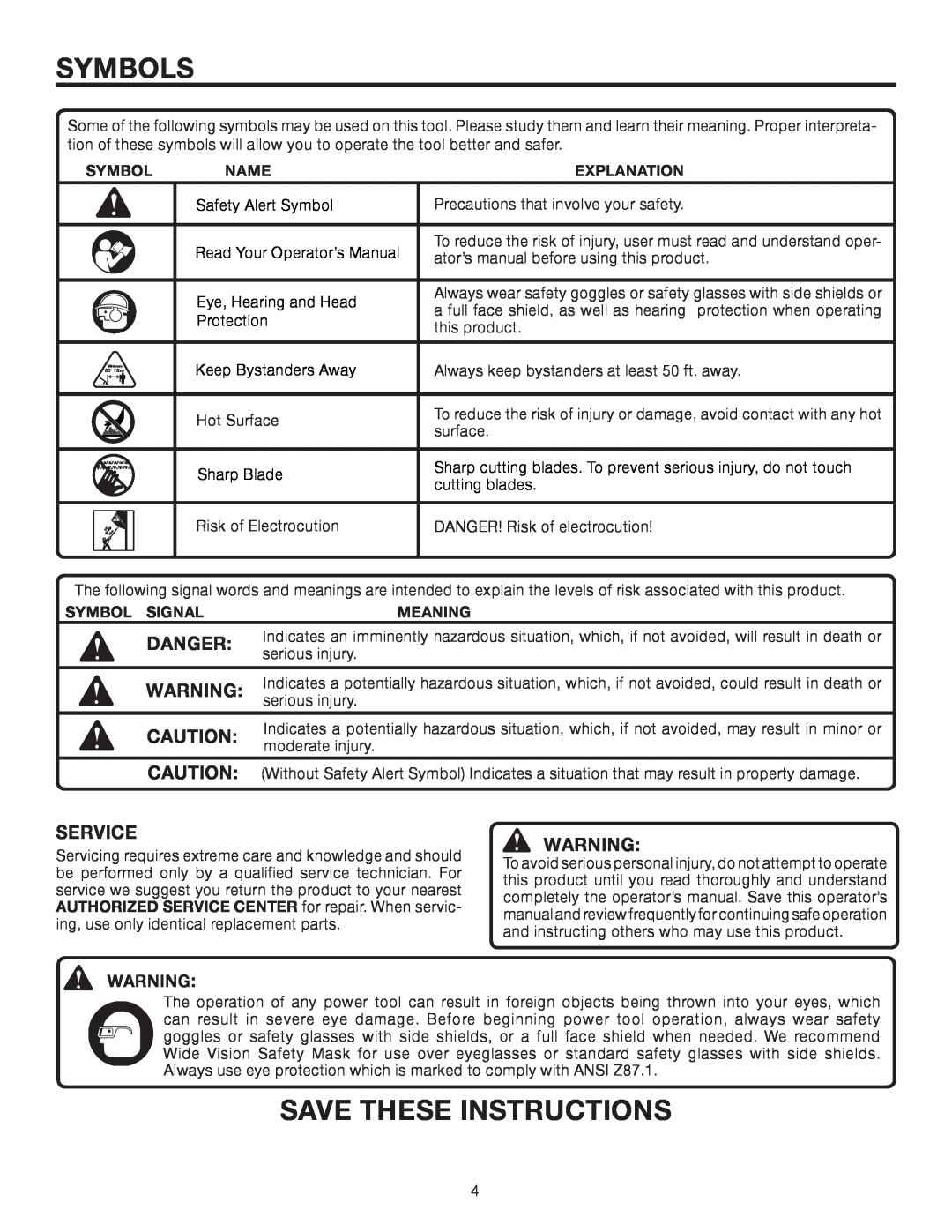 Ryobi UT15703A manual Symbols, Save These Instructions, Danger, Service, Name, Explanation, Symbol Signal, Meaning 