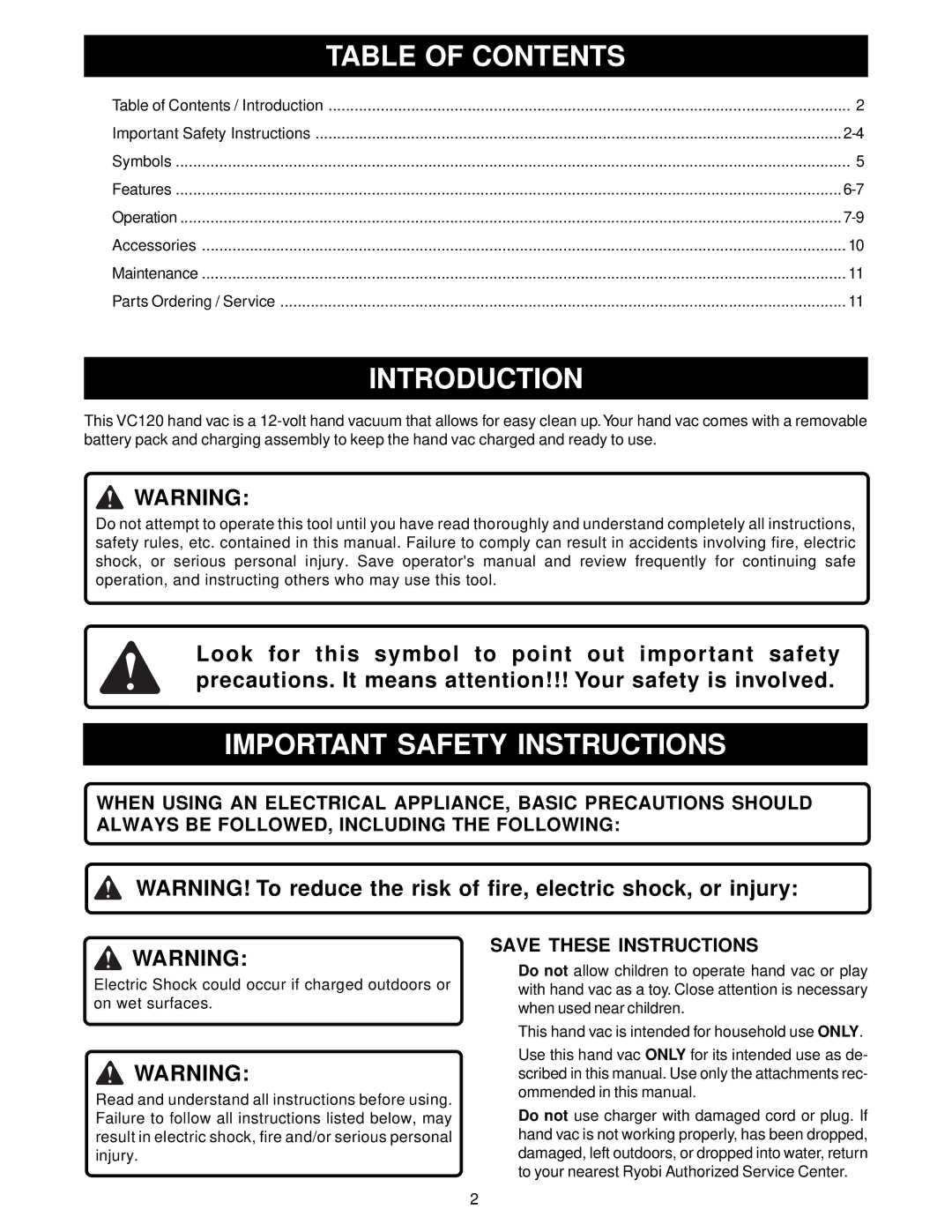 Ryobi VC120 manual Table of Contents, Introduction, Important Safety Instructions 