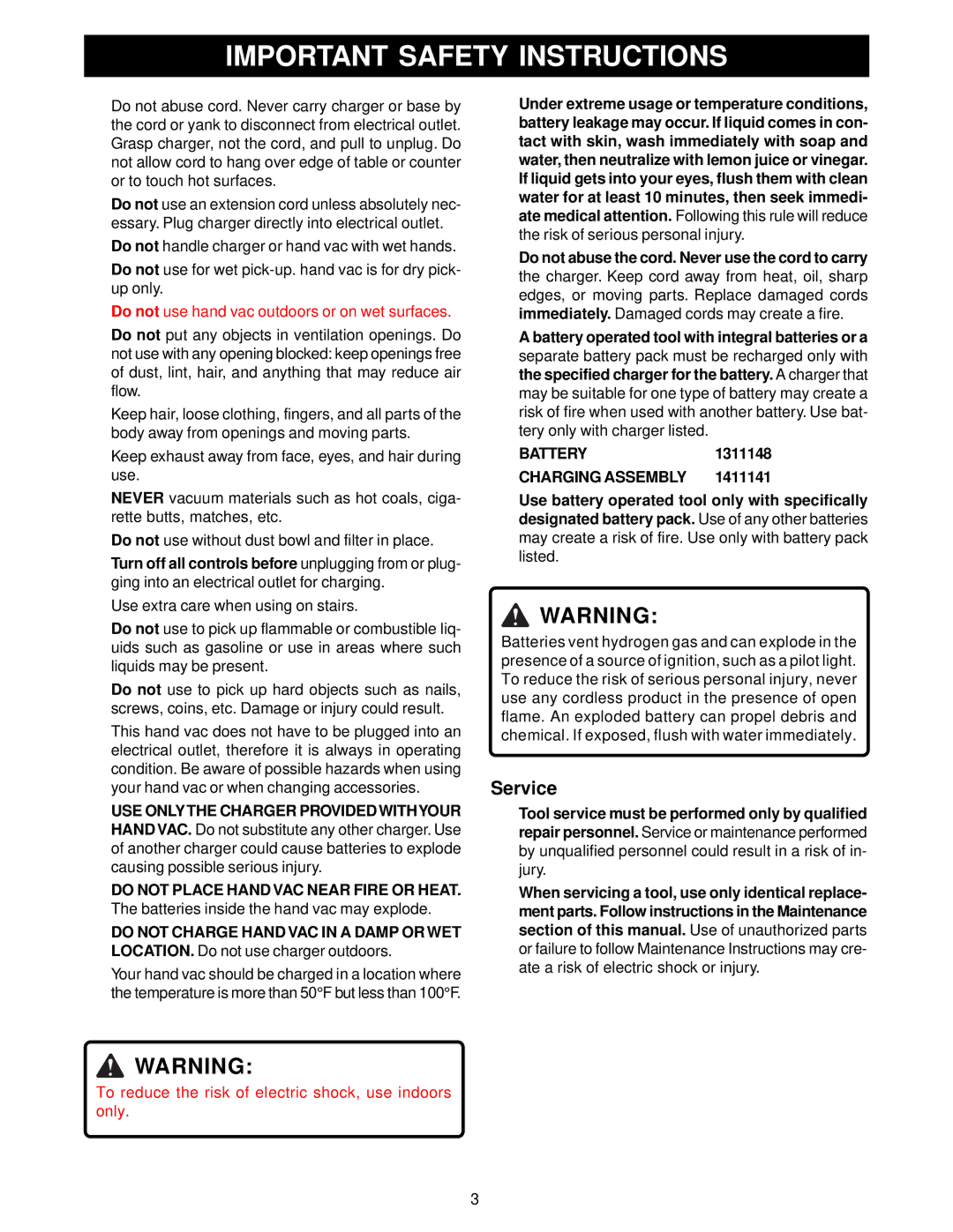 Ryobi VC120 manual Do not use hand vac outdoors or on wet surfaces, Charging Assembly 