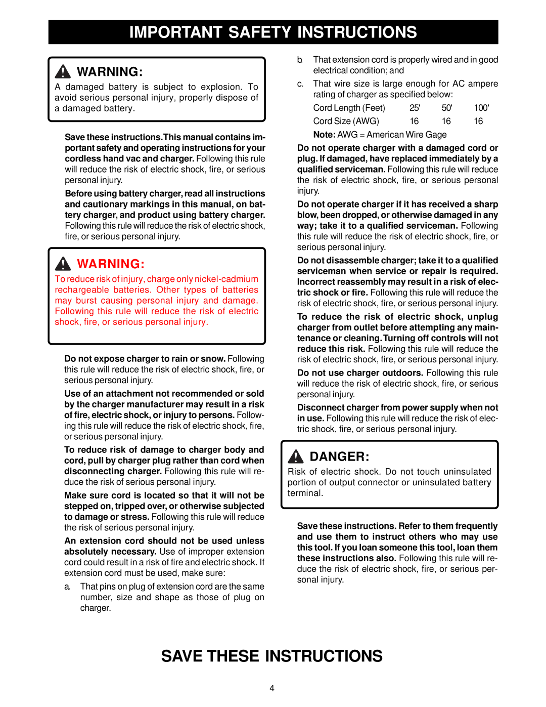 Ryobi VC120 manual Important Safety Instructions 