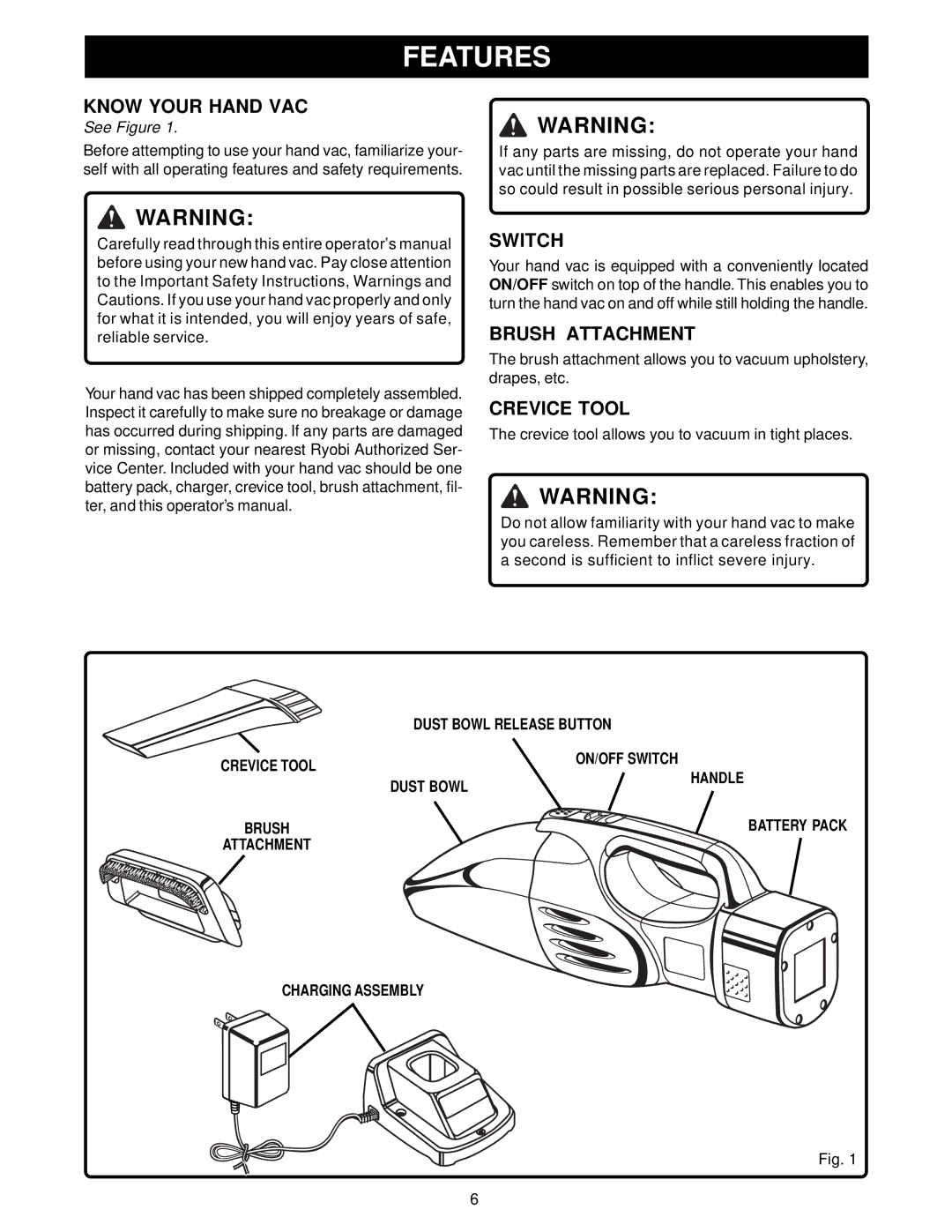 Ryobi VC120 manual Features, Know Your Hand VAC, Switch, Brush Attachment, Crevice Tool 