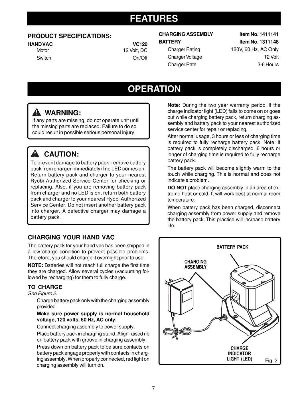 Ryobi VC120 manual Operation, Product Specifications, Charging Your Hand VAC 