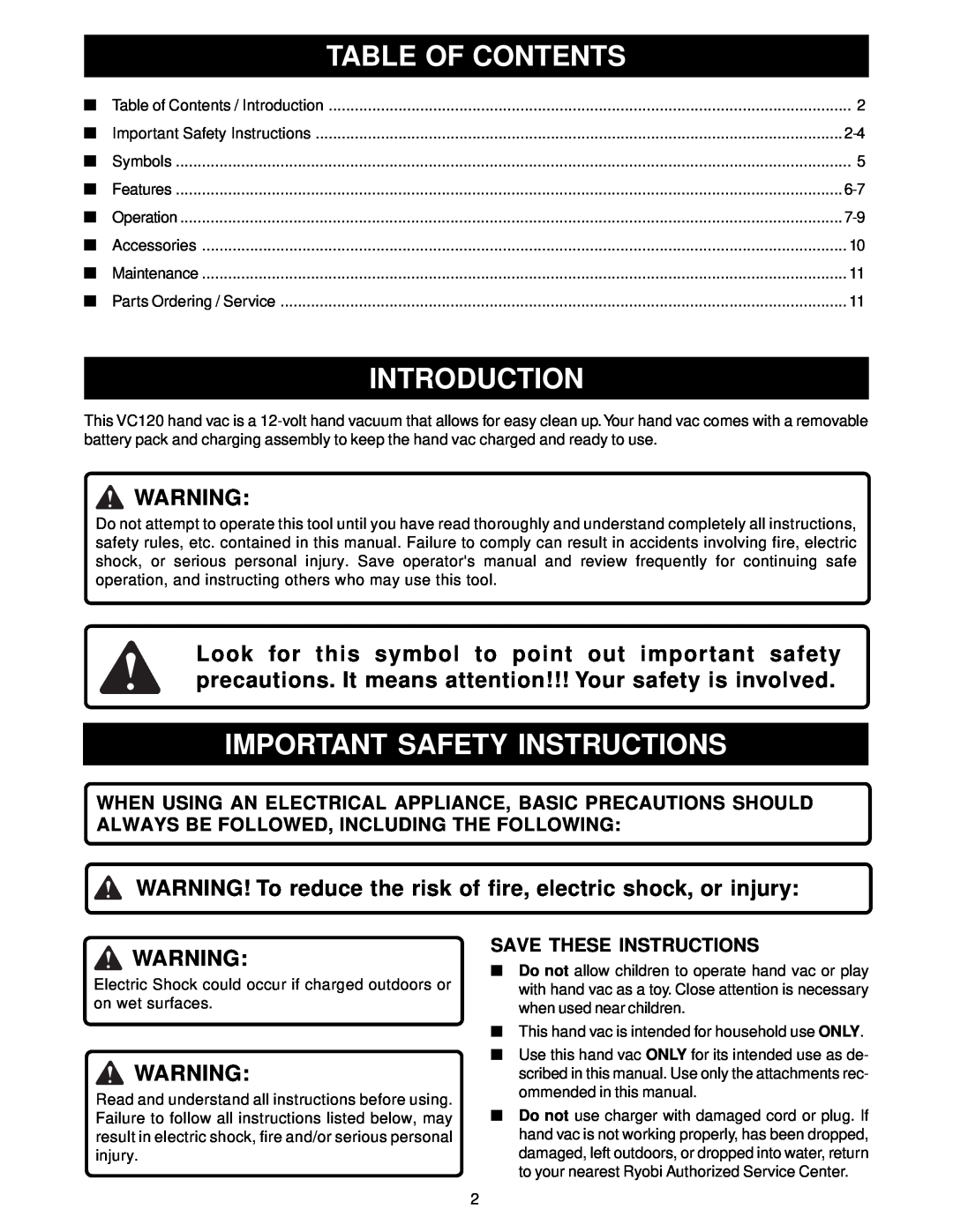 Ryobi VC120 manual Table Of Contents, Introduction, Important Safety Instructions, Save These Instructions 