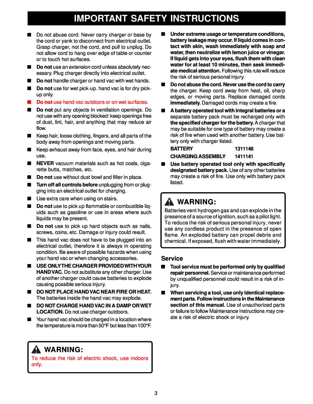 Ryobi VC120 manual Important Safety Instructions, Service, Do not use hand vac outdoors or on wet surfaces 