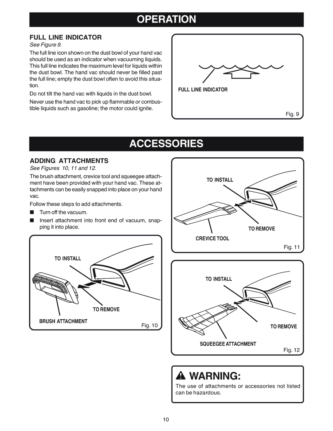 Ryobi VC180 manual Accessories, Full Line Indicator, Adding Attachments, See Figures 10, 11 