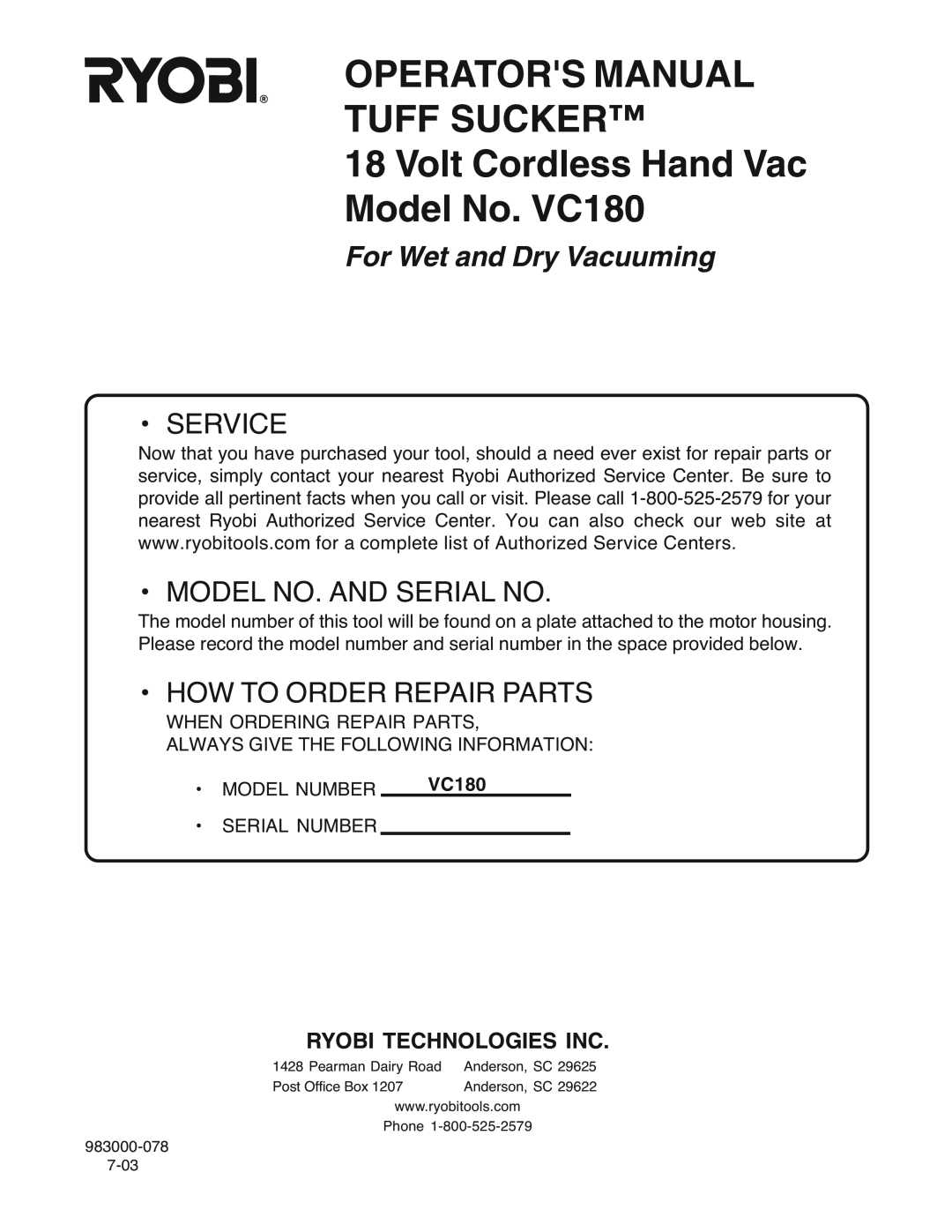 Ryobi manual Operators Manual Tuff Sucker, Volt Cordless Hand Vac Model No. VC180, For Wet and Dry Vacuuming, Service 