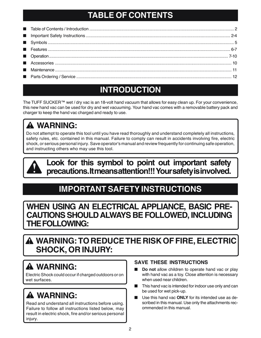 Ryobi VC180 manual Introduction, Important Safety Instructions, Table Of Contents 