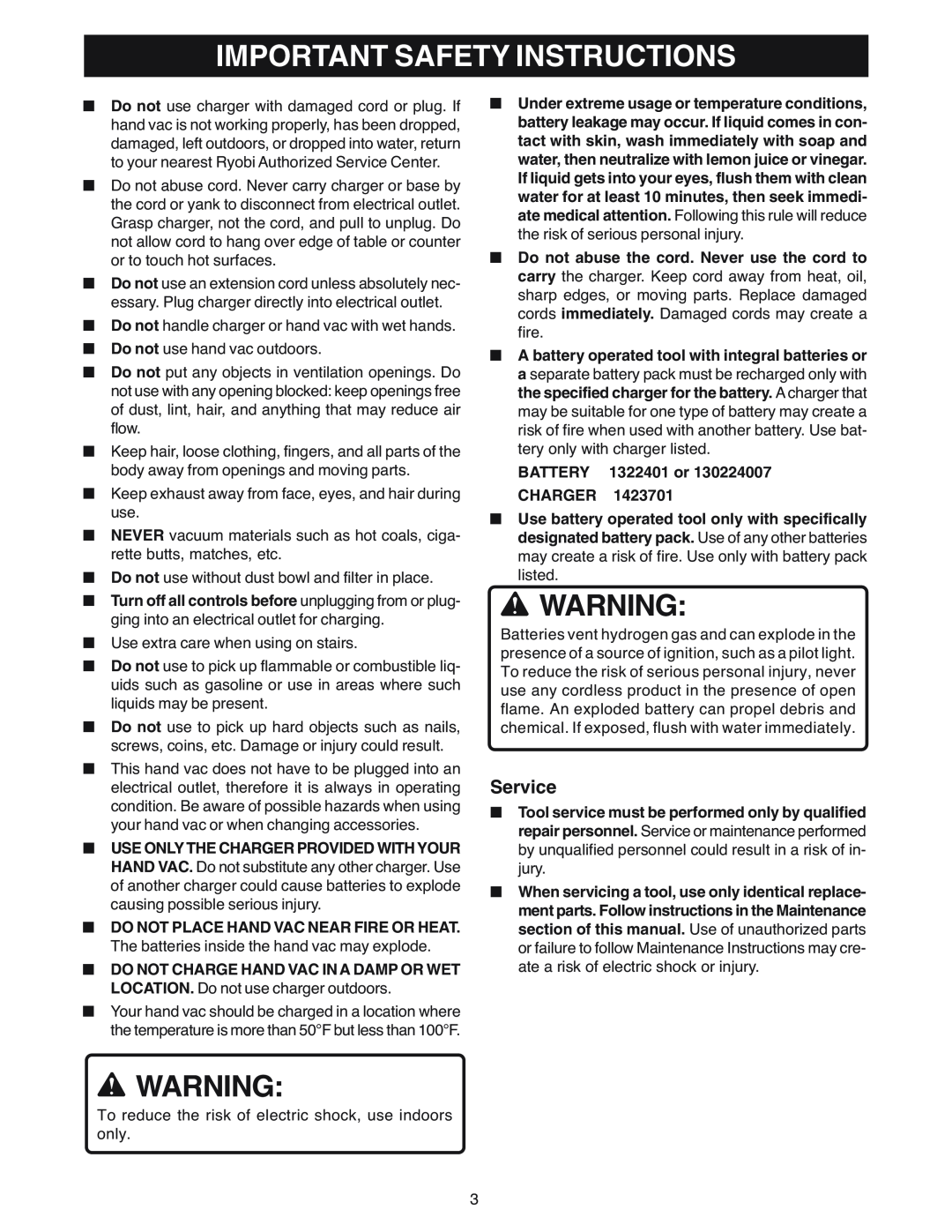 Ryobi VC180 manual Important Safety Instructions, Service, BATTERY 1322401 or CHARGER 