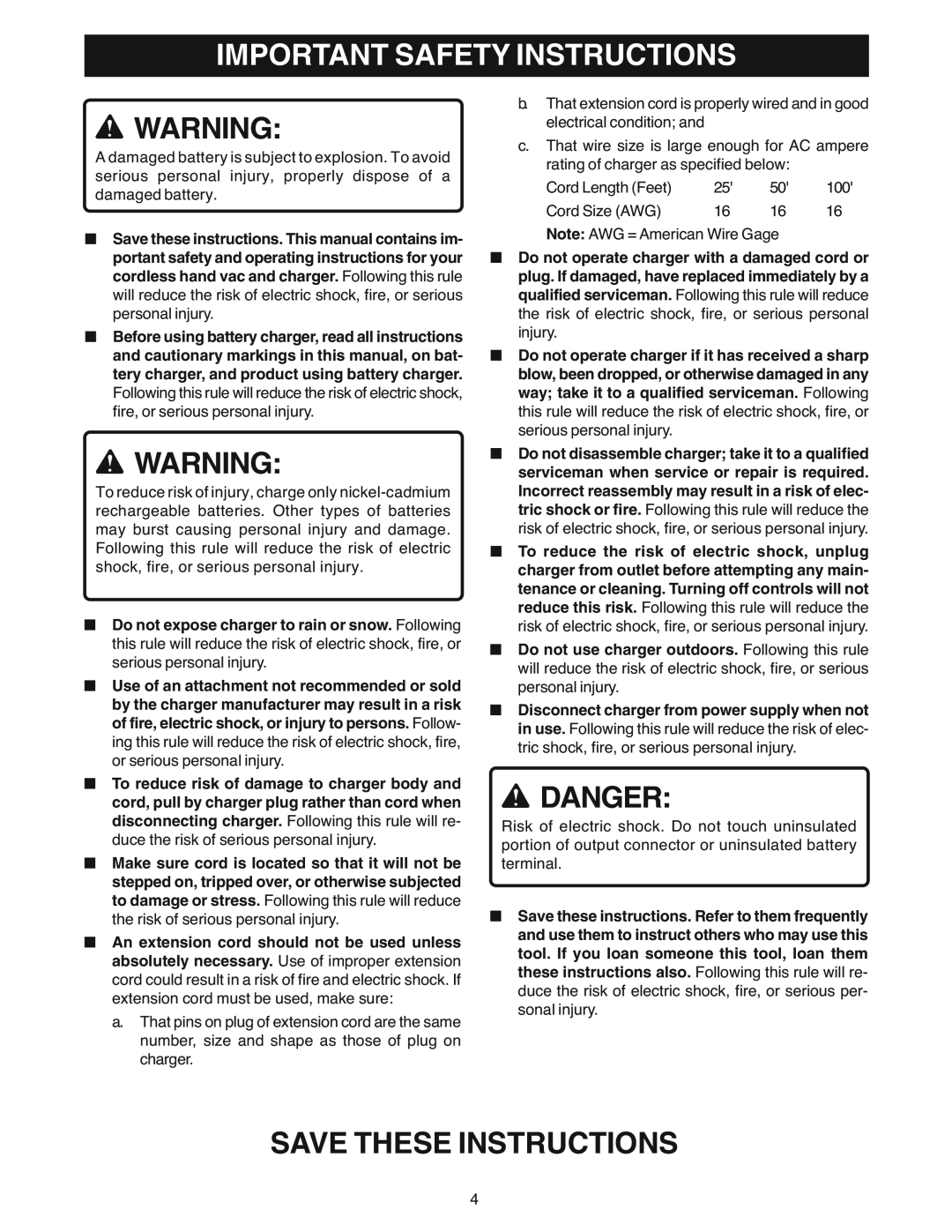 Ryobi VC180 manual Important Safety Instructions, Danger, Save These Instructions 
