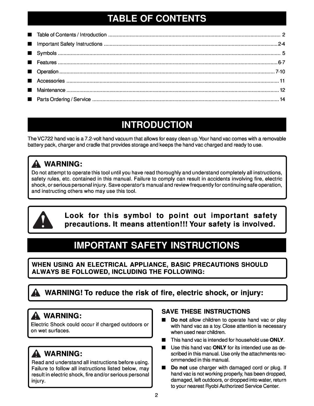 Ryobi VC722 manual Table Of Contents, Introduction, Important Safety Instructions, Save These Instructions 