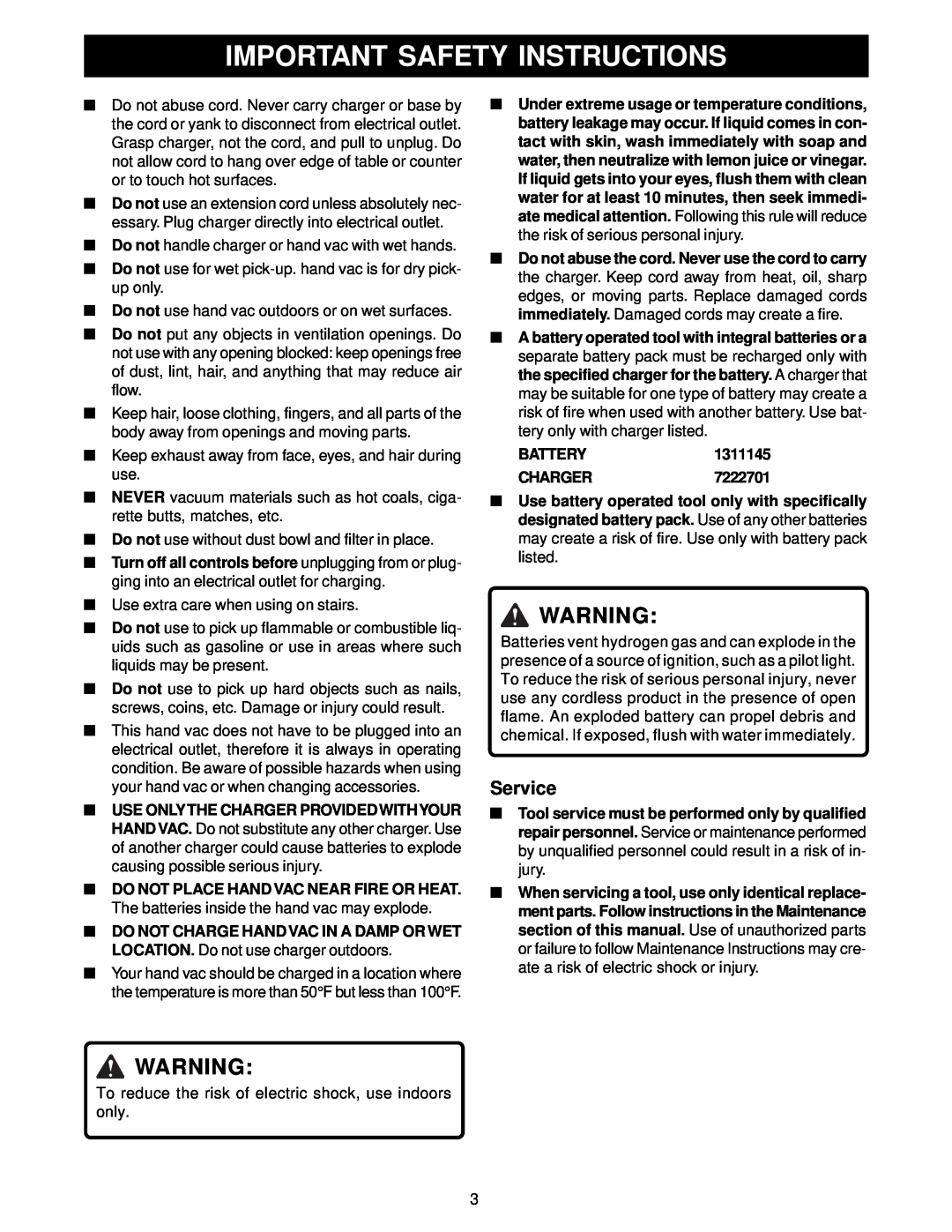 Ryobi VC722 manual Important Safety Instructions, Service, BATTERY1311145 CHARGER7222701 