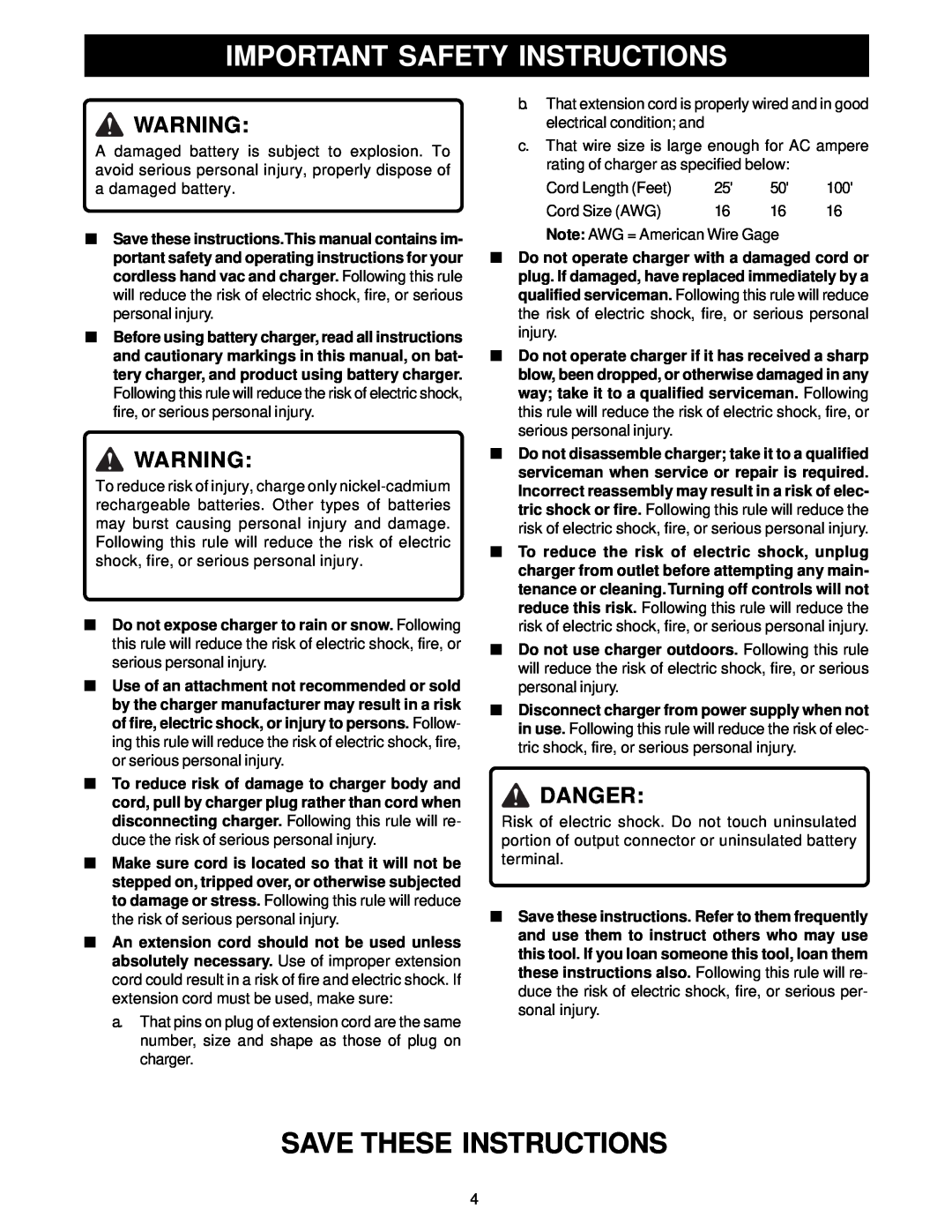 Ryobi VC722 manual Save These Instructions, Important Safety Instructions, Danger 