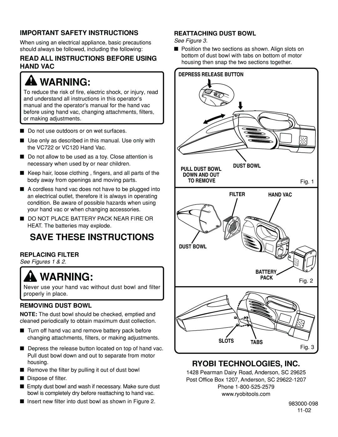 Ryobi VC722VC120 manual Ryobi TECHNOLOGIES, INC, Important Safety Instructions, Read ALL Instructions Before Using Hand VAC 