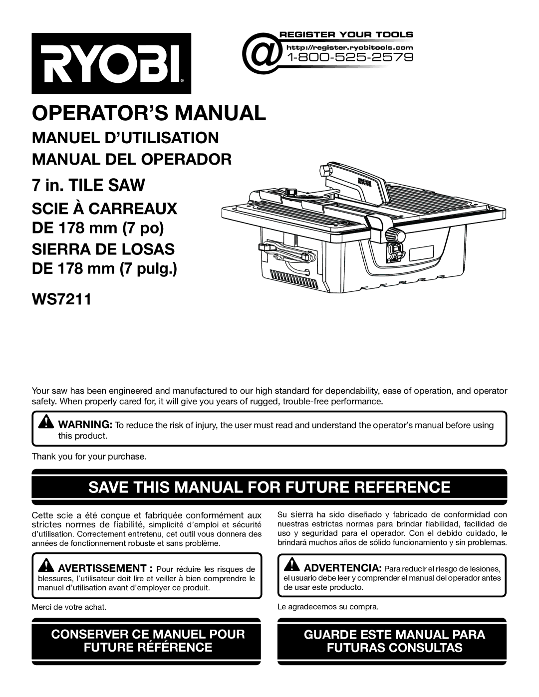 Ryobi WS7211 manuel dutilisation OPERATOR’S Manual, Save this Manual for Future Reference 