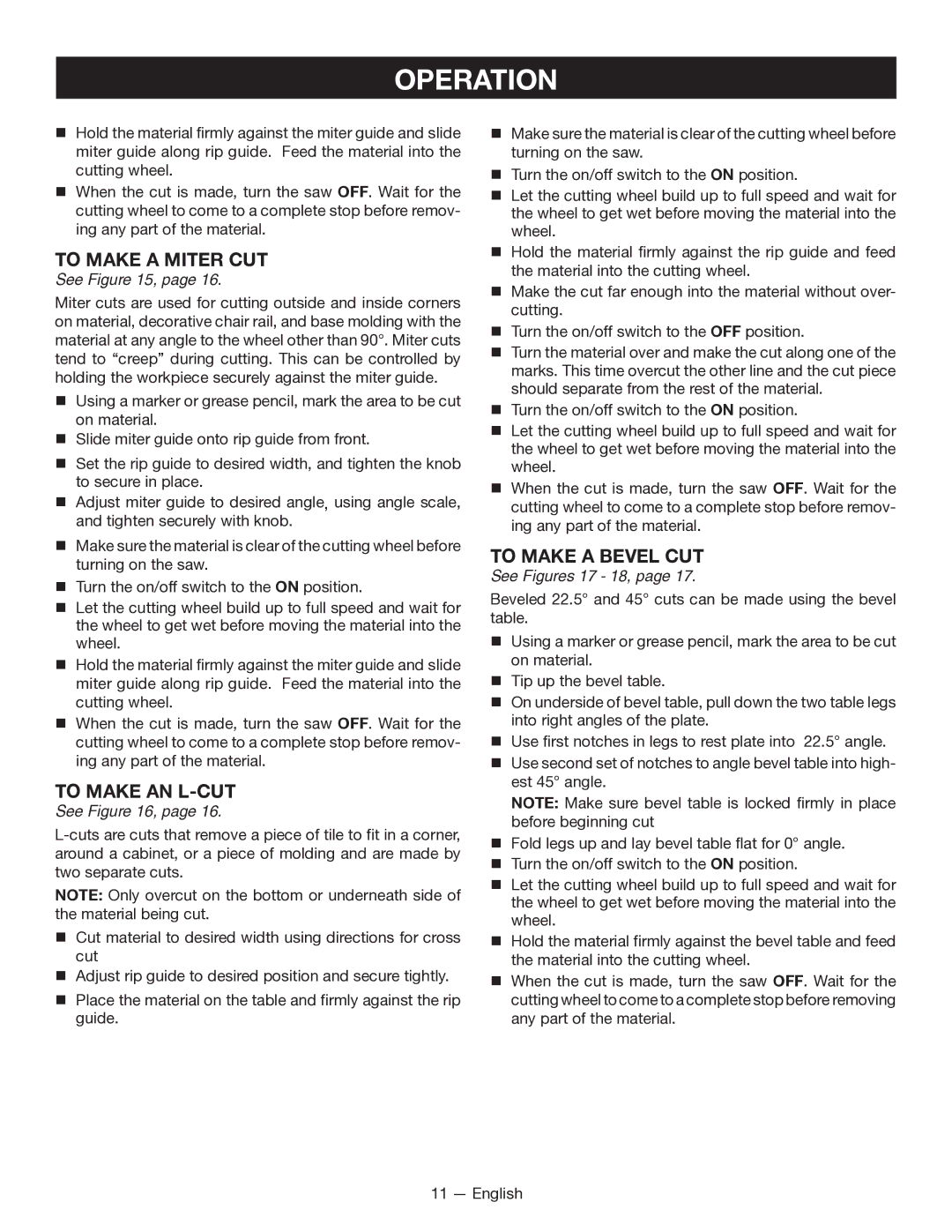 Ryobi WS7211 manuel dutilisation To Make a Miter CUT, To Make AN L-CUT, To Make a Bevel CUT, See Figures 17 18 