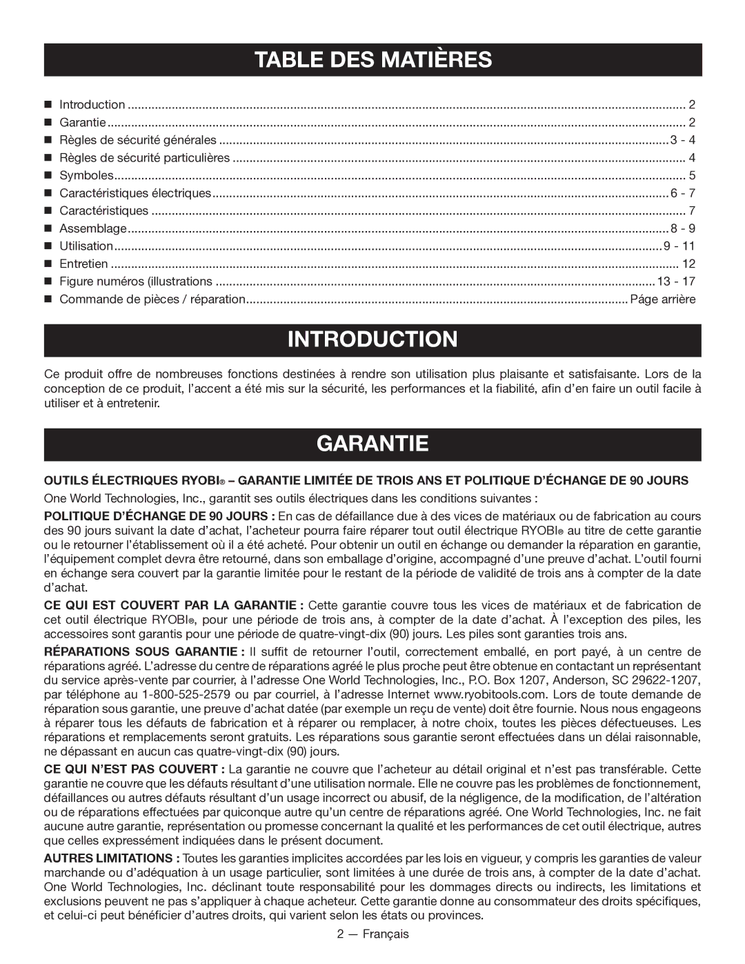 Ryobi WS7211 manuel dutilisation Garantie, Páge arrière 