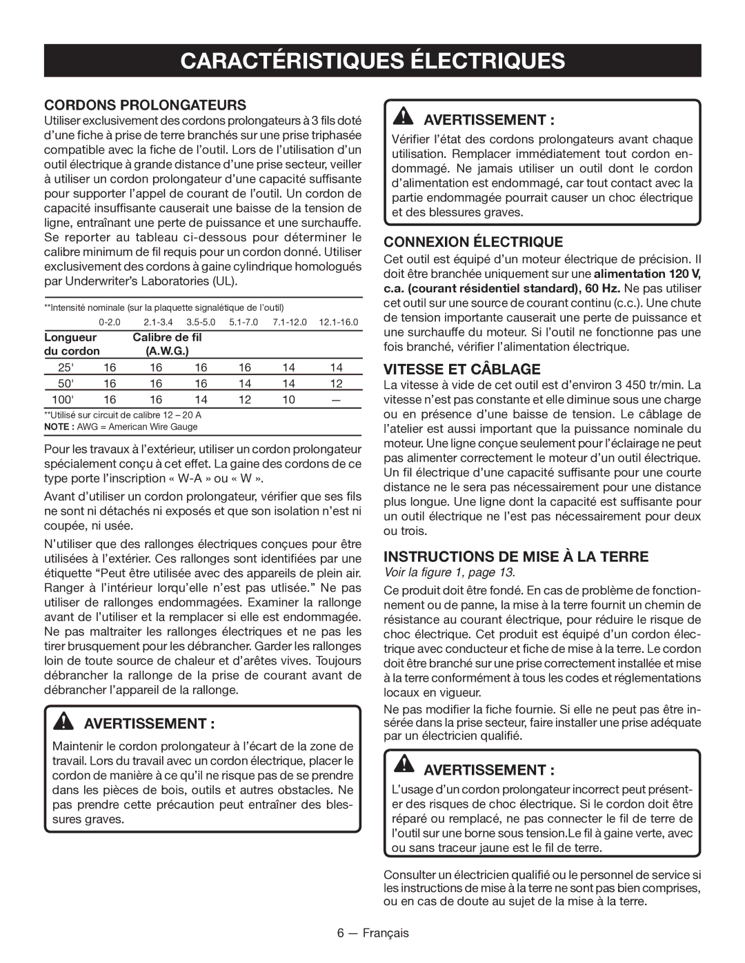 Ryobi WS7211 Caractéristiques Électriques, Vitesse ET Câblage, Instructions DE Mise À LA Terre, Calibre de fil Du cordon 