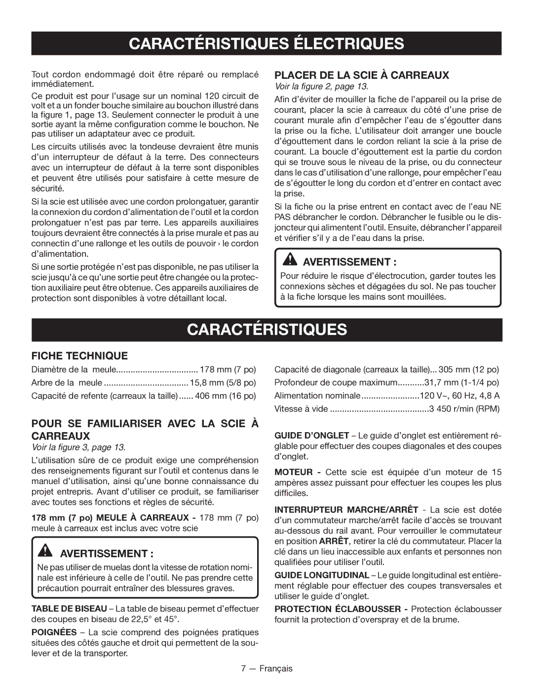 Ryobi WS7211 Caractéristiques, Placer DE LA Scie À Carreaux, Fiche Technique, Pour SE Familiariser Avec LA Scie À Carreaux 