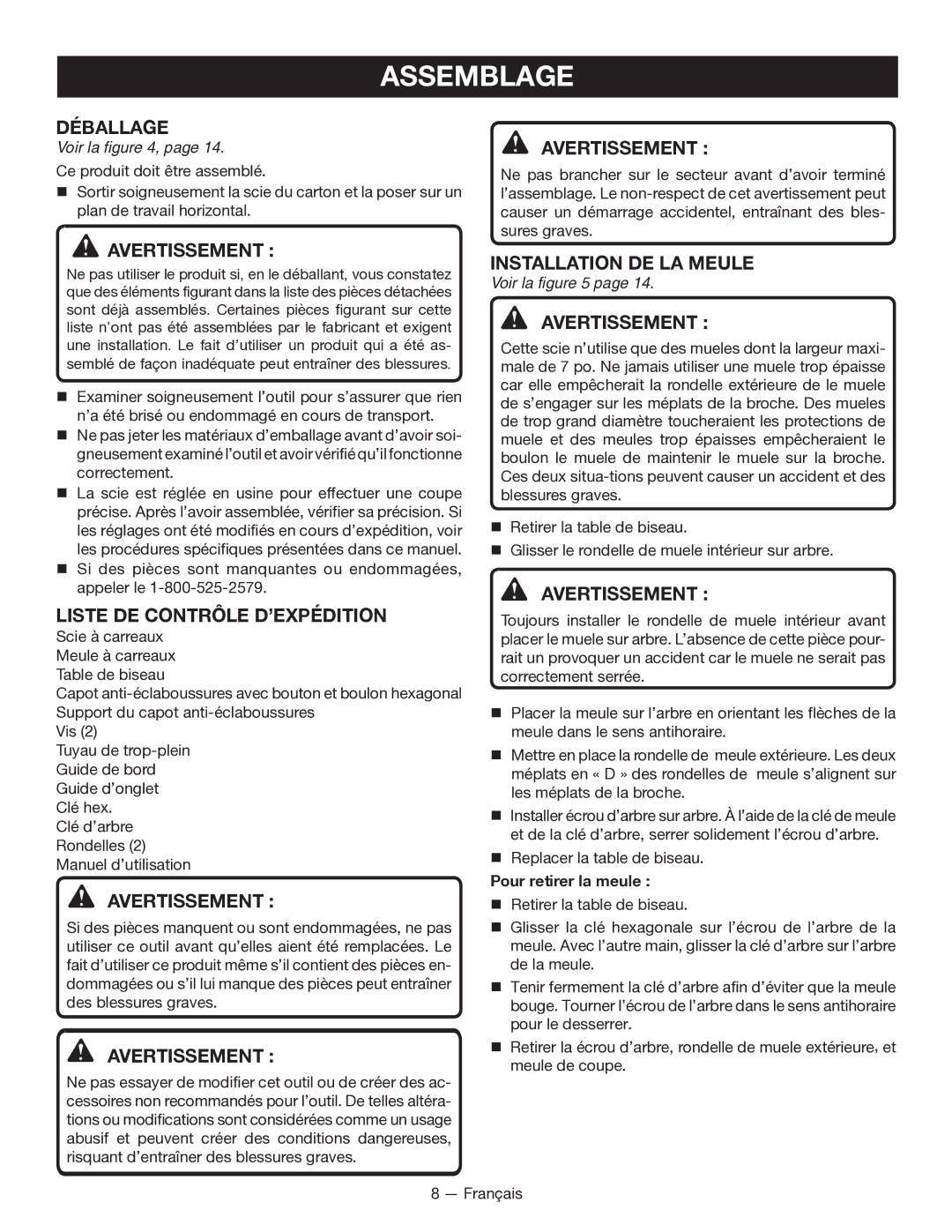 Ryobi WS7211 manuel dutilisation Assemblage, Déballage, Liste DE Contrôle D’EXPÉDITION, Installation DE LA Meule, Voir la 