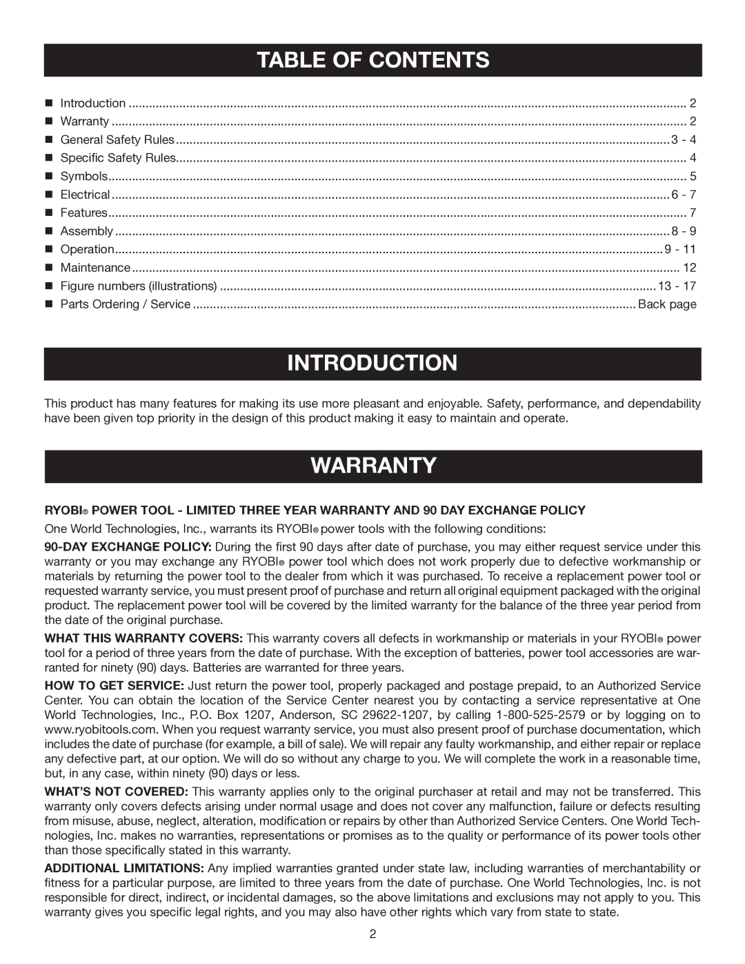 Ryobi WS7211 manuel dutilisation Introduction, Warranty 