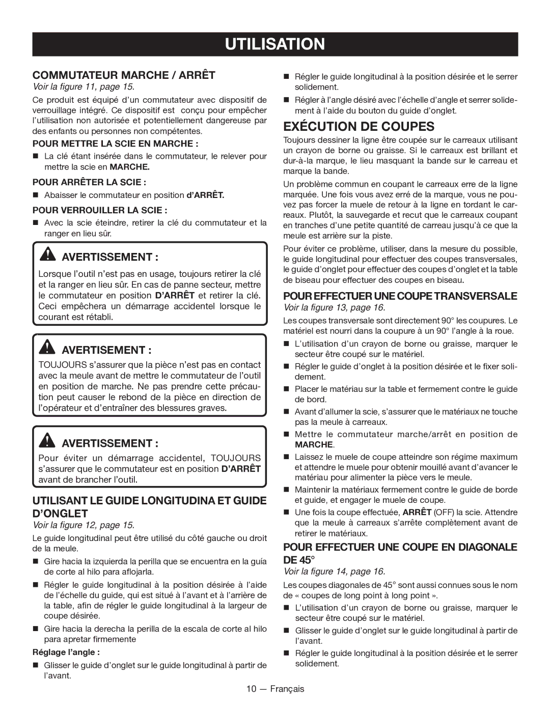 Ryobi WS7211 Commutateur Marche / Arrêt, Avertisement , Utilisant LE Guide Longitudina ET Guide D’ONGLET 