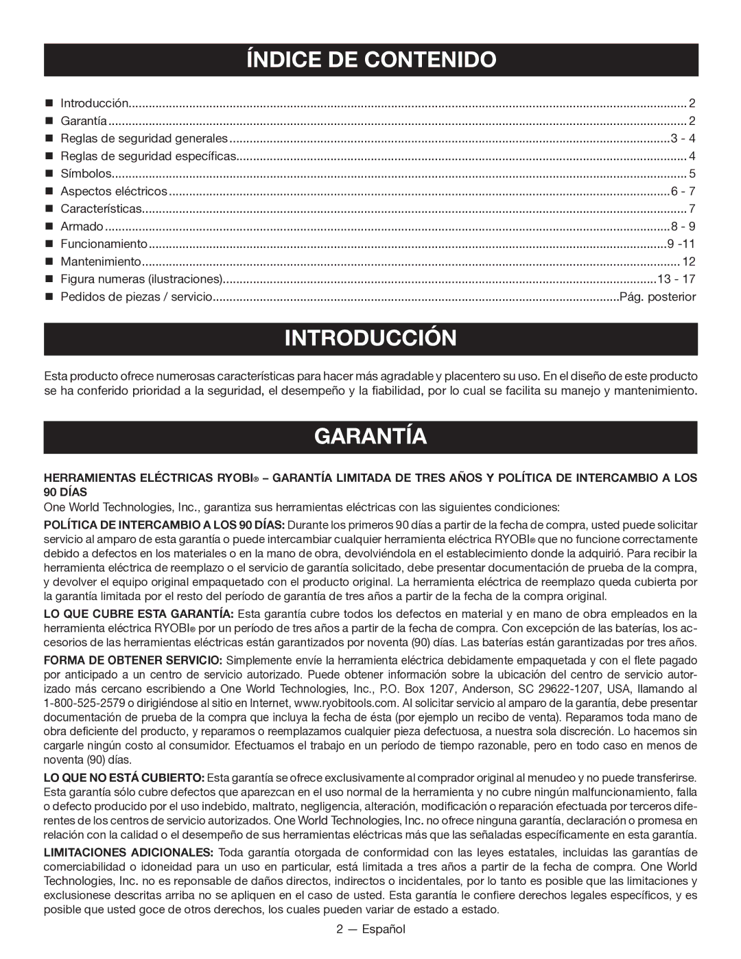 Ryobi WS7211 manuel dutilisation Índice DE Contenido, Introducción, Garantía 