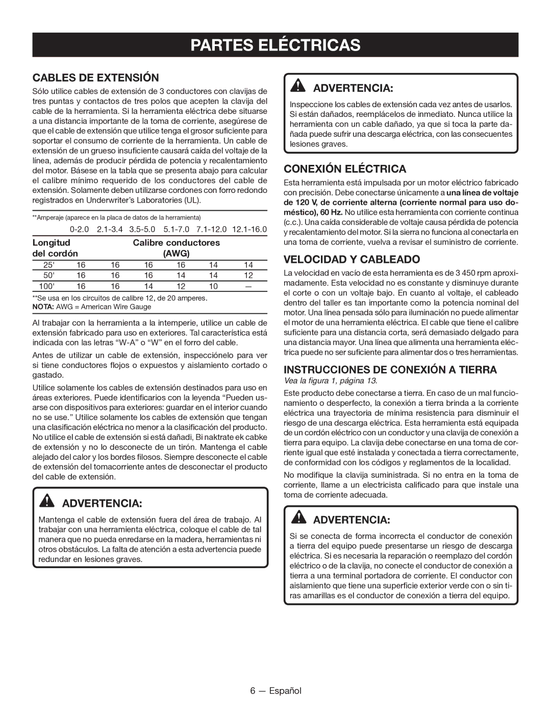 Ryobi WS7211 manuel dutilisation Partes Eléctricas, Cables DE Extensión, Conexión Eléctrica, Velocidad Y Cableado, Awg 