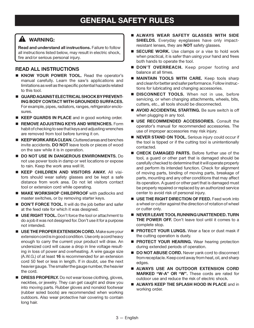 Ryobi WS7211 manuel dutilisation General Safety Rules, Read ALL Instructions 