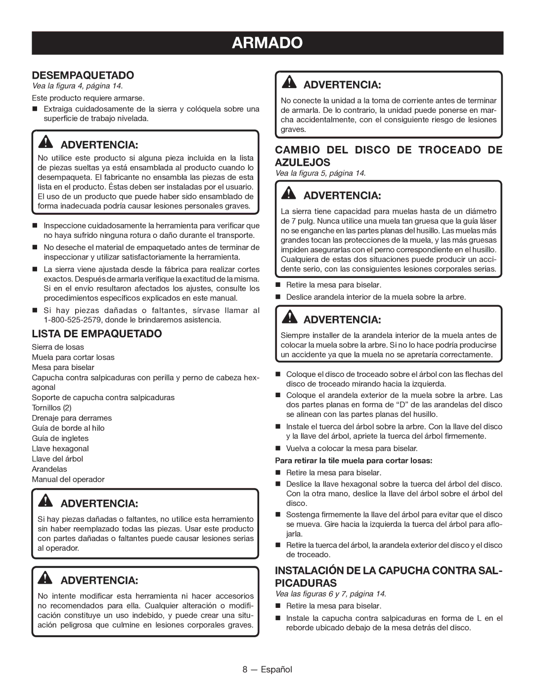 Ryobi WS7211 manuel dutilisation Armado, Desempaquetado, Lista DE Empaquetado, Cambio DEL Disco DE Troceado DE Azulejos 