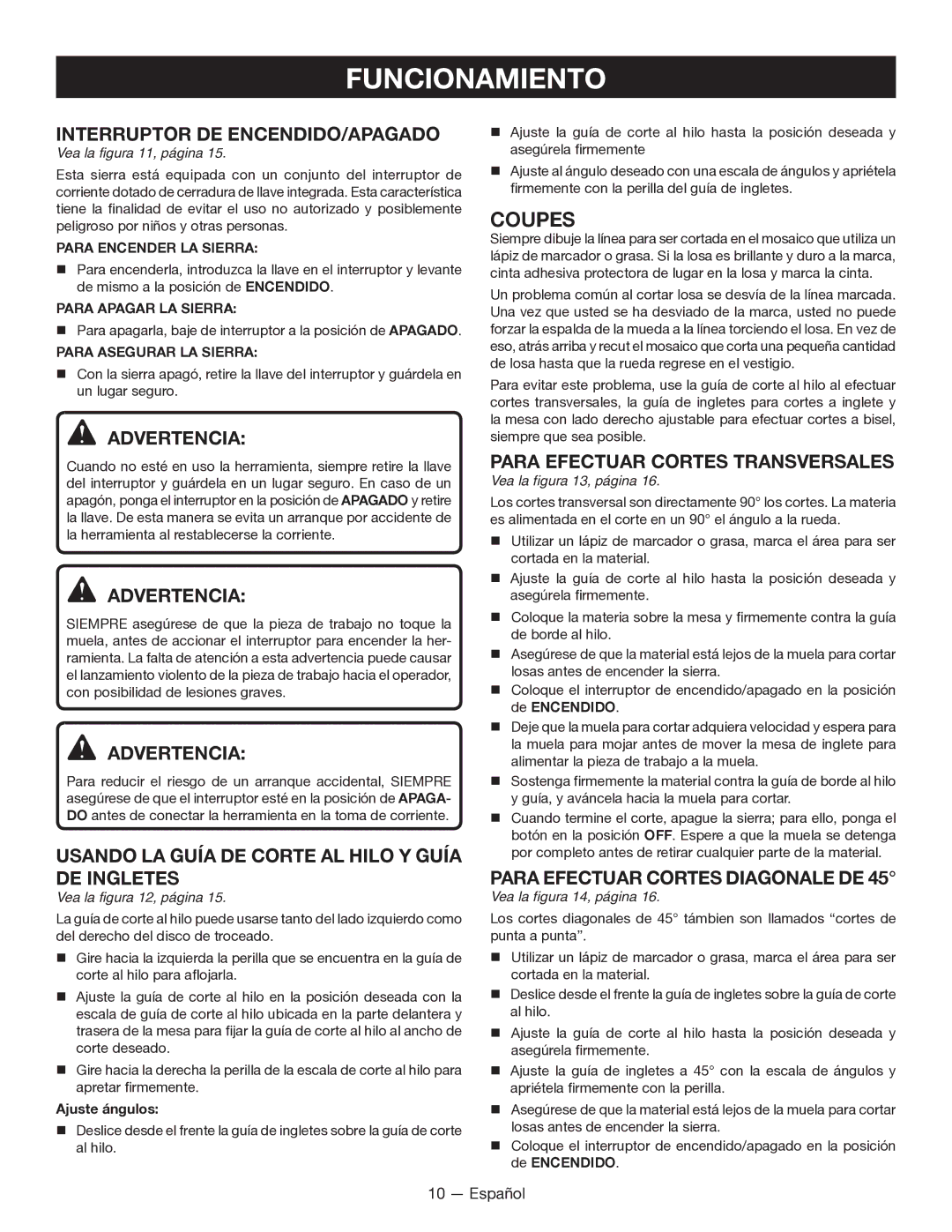 Ryobi WS7211 manuel dutilisation Interruptor DE ENCENDIDO/APAGADO, Usando LA Guía DE Corte AL Hilo Y Guía DE Ingletes 