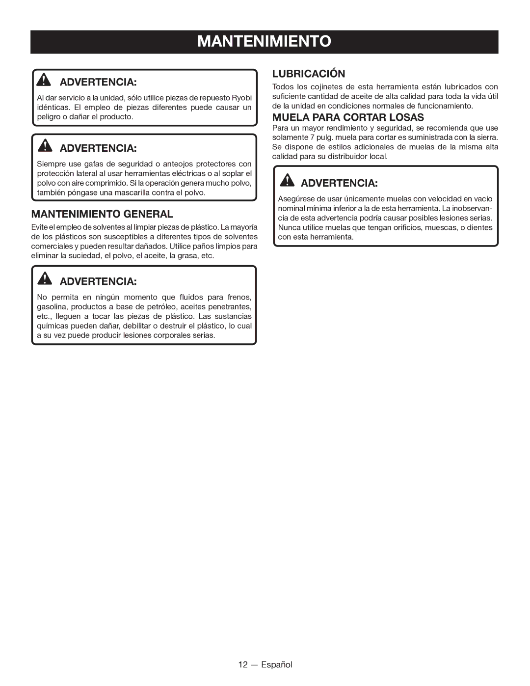 Ryobi WS7211 manuel dutilisation Mantenimiento General, Lubricación, Muela Para Cortar Losas 