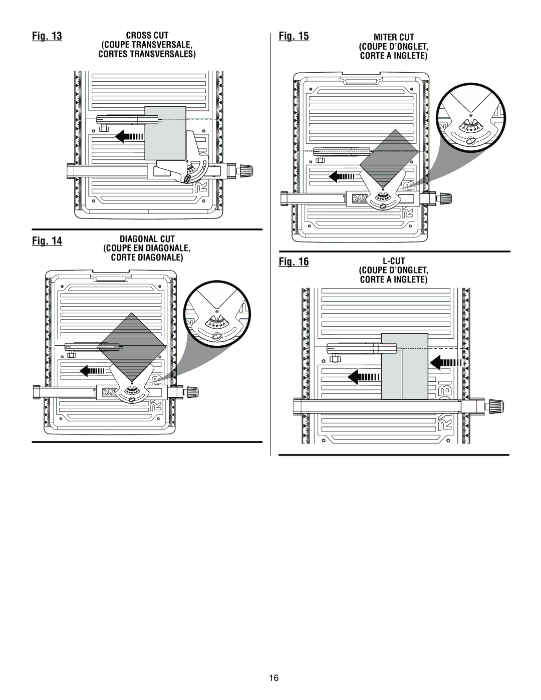 Ryobi WS7211 manuel dutilisation Cross CUT, Coupe EN Diagonale, Miter CUT, Cut, Coupe D’ONGLET, Corte a Inglete 