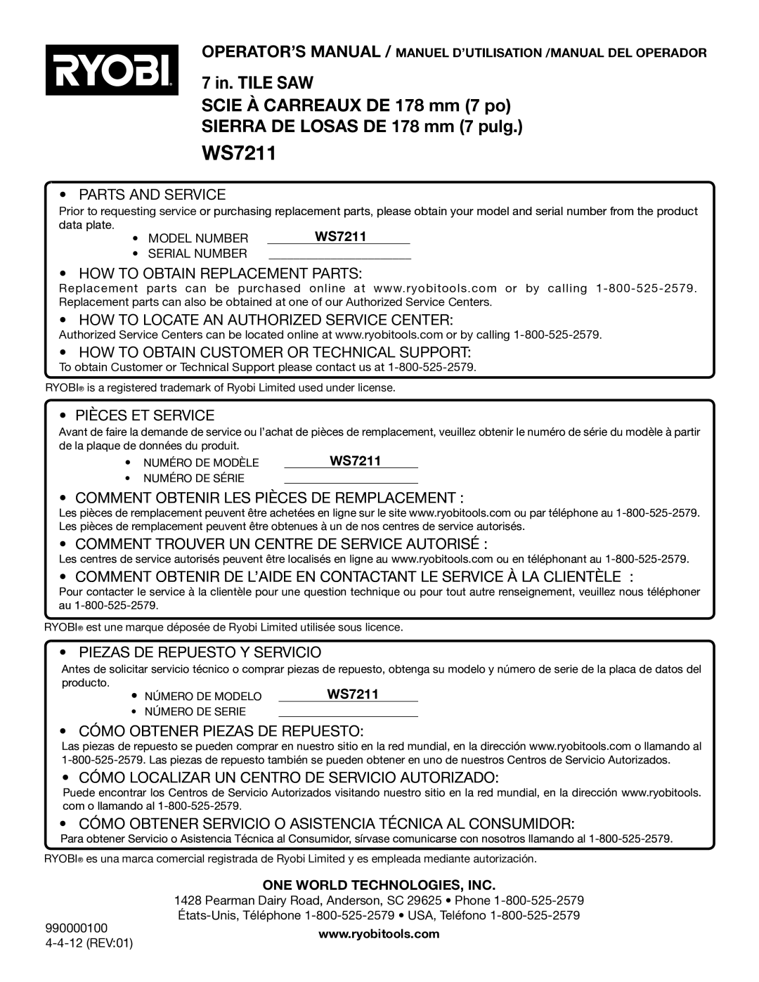 Ryobi WS7211 manuel dutilisation 