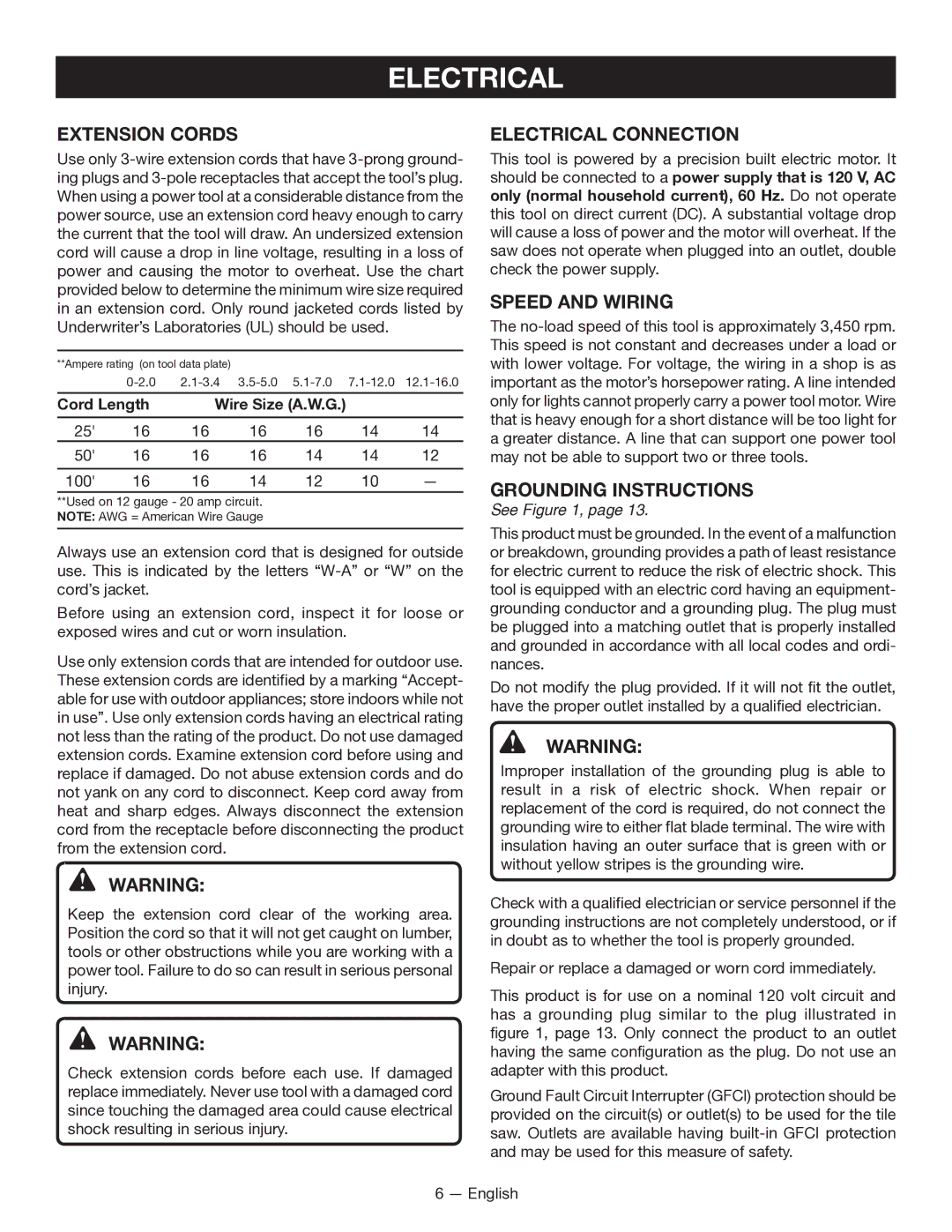 Ryobi WS7211 manuel dutilisation Extension Cords, Electrical Connection, Speed and Wiring, Grounding Instructions 