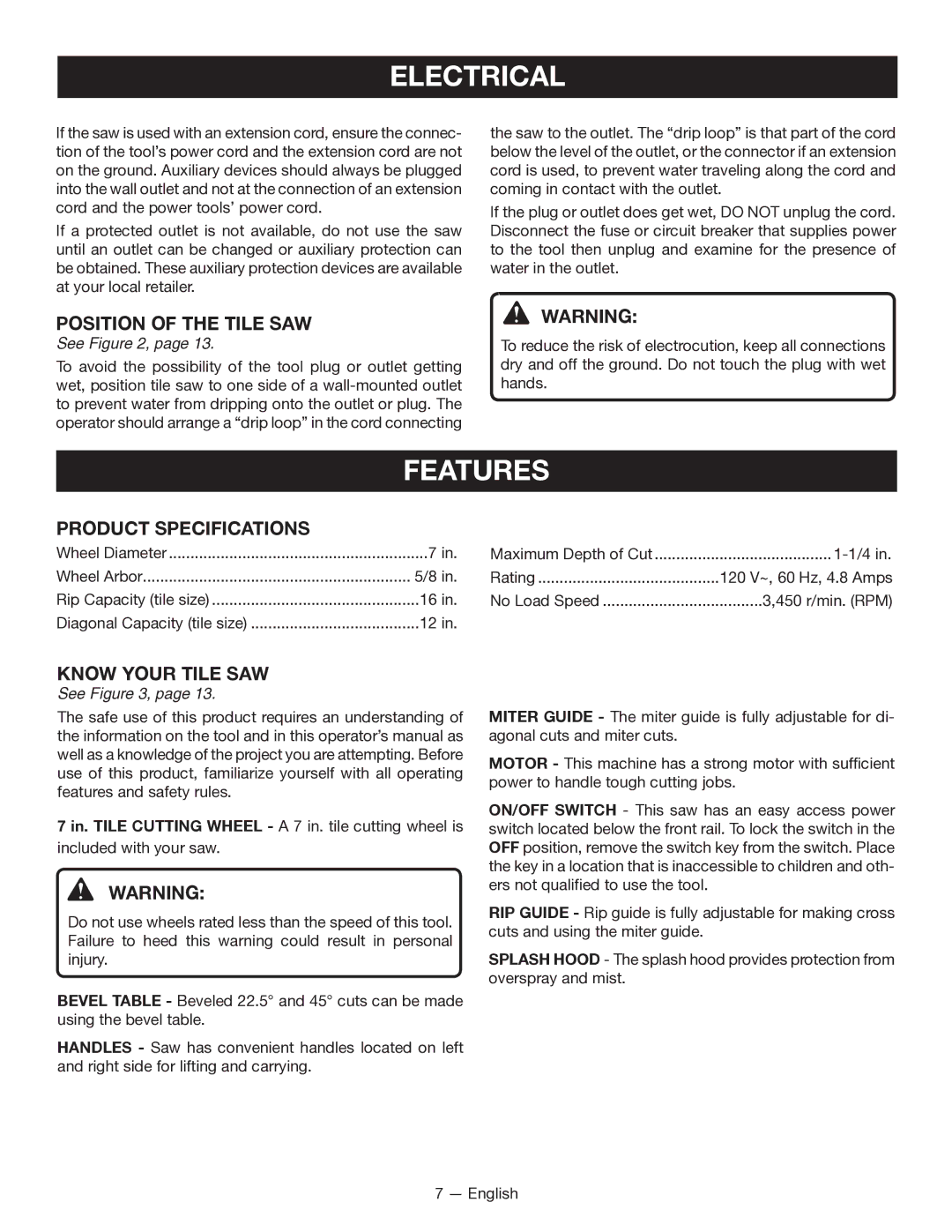 Ryobi WS7211 manuel dutilisation Features, Position of the Tile SAW, Product Specifications, Know Your Tile SAW 
