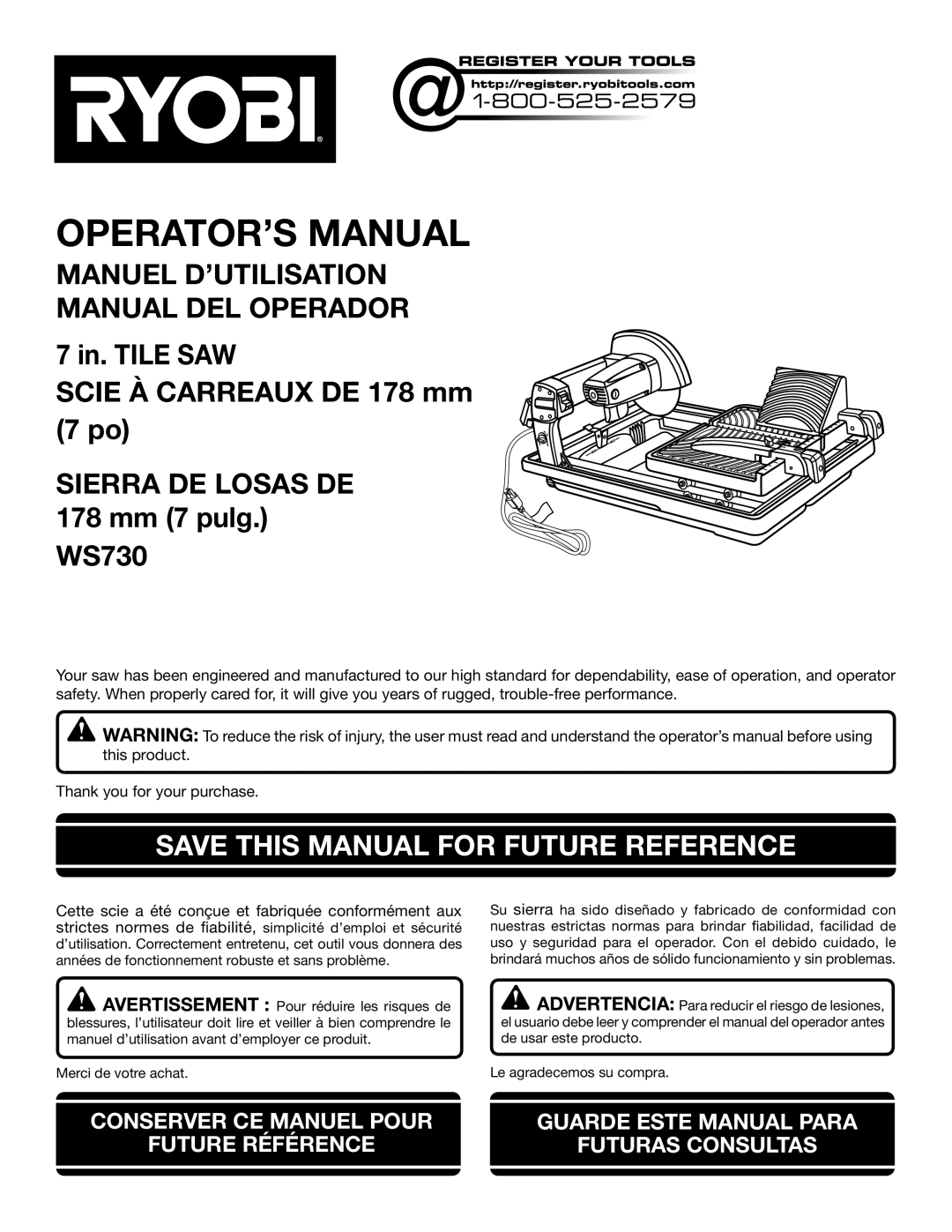 Ryobi WS730 manuel dutilisation OPERATOR’S Manual, Save this Manual for Future Reference 