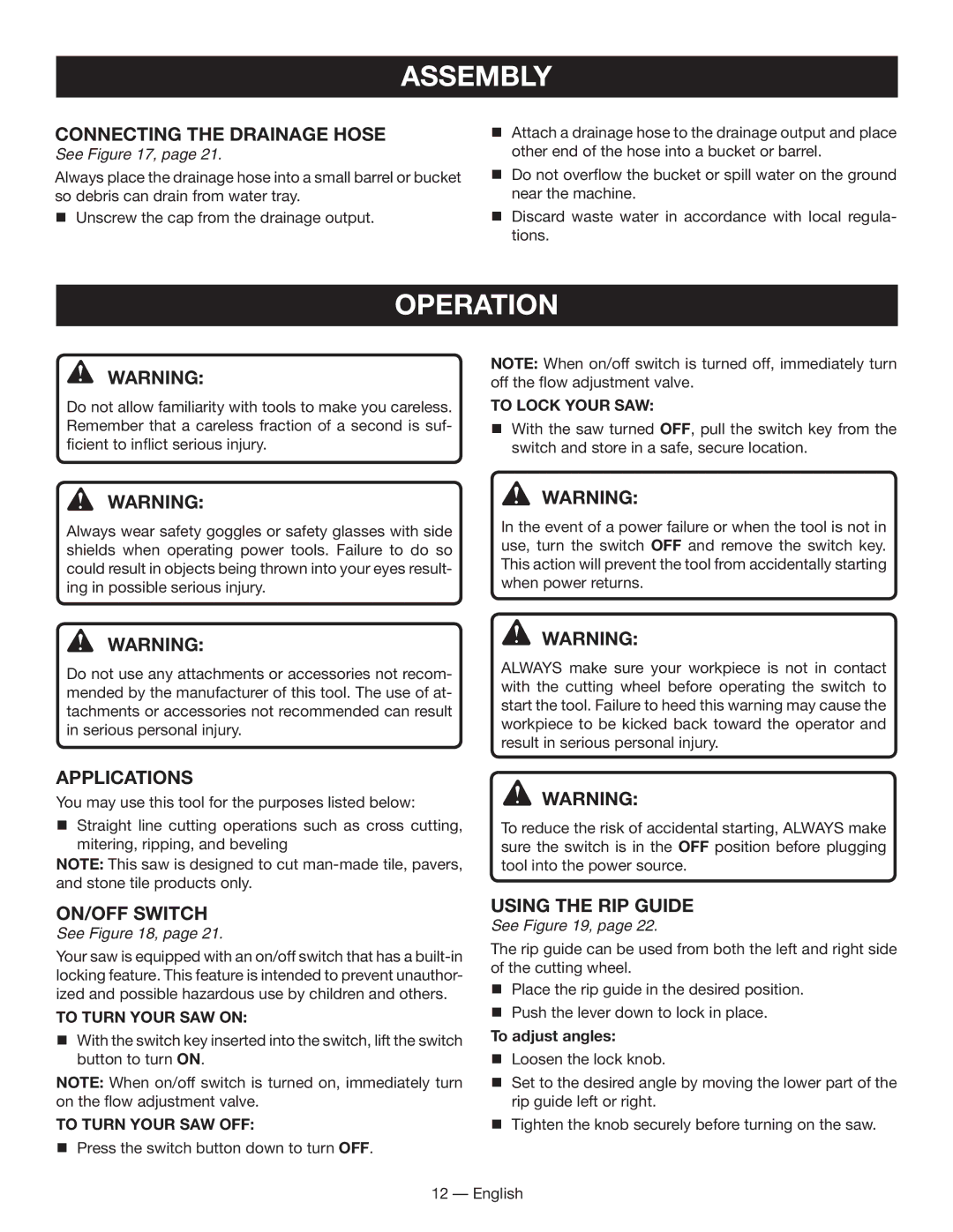 Ryobi WS730 manuel dutilisation Operation, Connecting the drainage hose, Applications, On/off Switch, Using the rip guide 