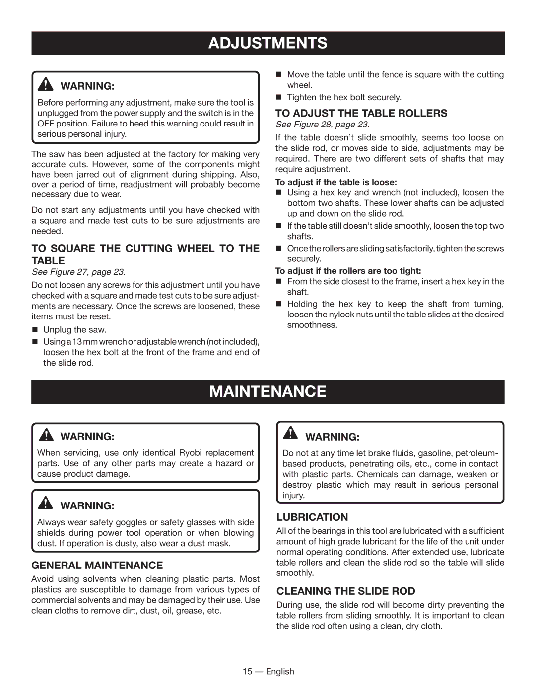 Ryobi WS730 manuel dutilisation Adjustments, General Maintenance, Lubrication 