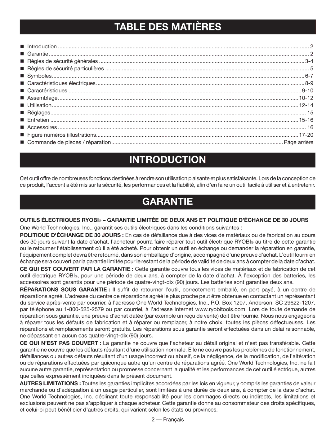 Ryobi WS730 manuel dutilisation Garantie, Páge arrière 