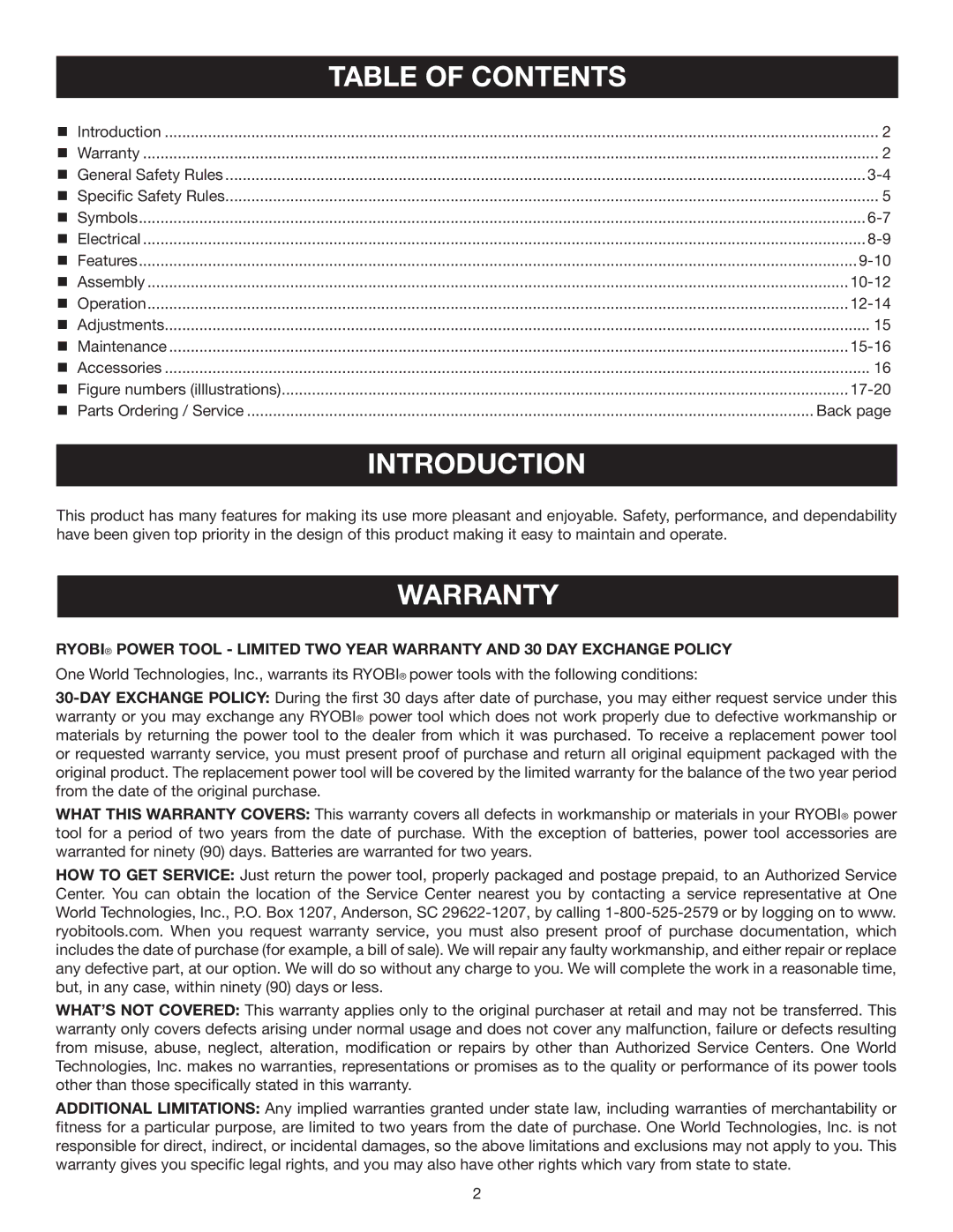 Ryobi WS730 manuel dutilisation Introduction, Table of Contents 