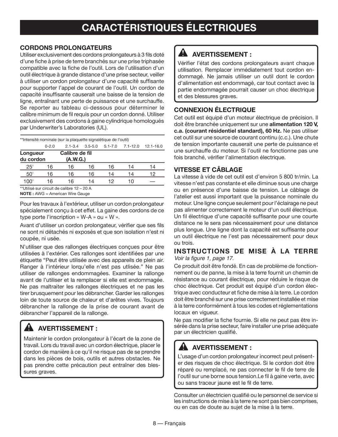 Ryobi WS730 Caractéristiques Électriques, Instructions de mise à la terre, Calibre de fil Du cordon, Voir la 