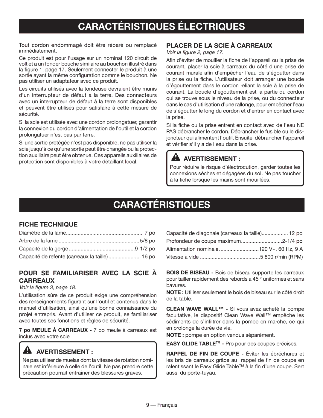 Ryobi WS730 Caractéristiques, Placer de la scie à carreaux, Fiche technique, Pour SE Familiariser Avec LA Scie À carreaux 