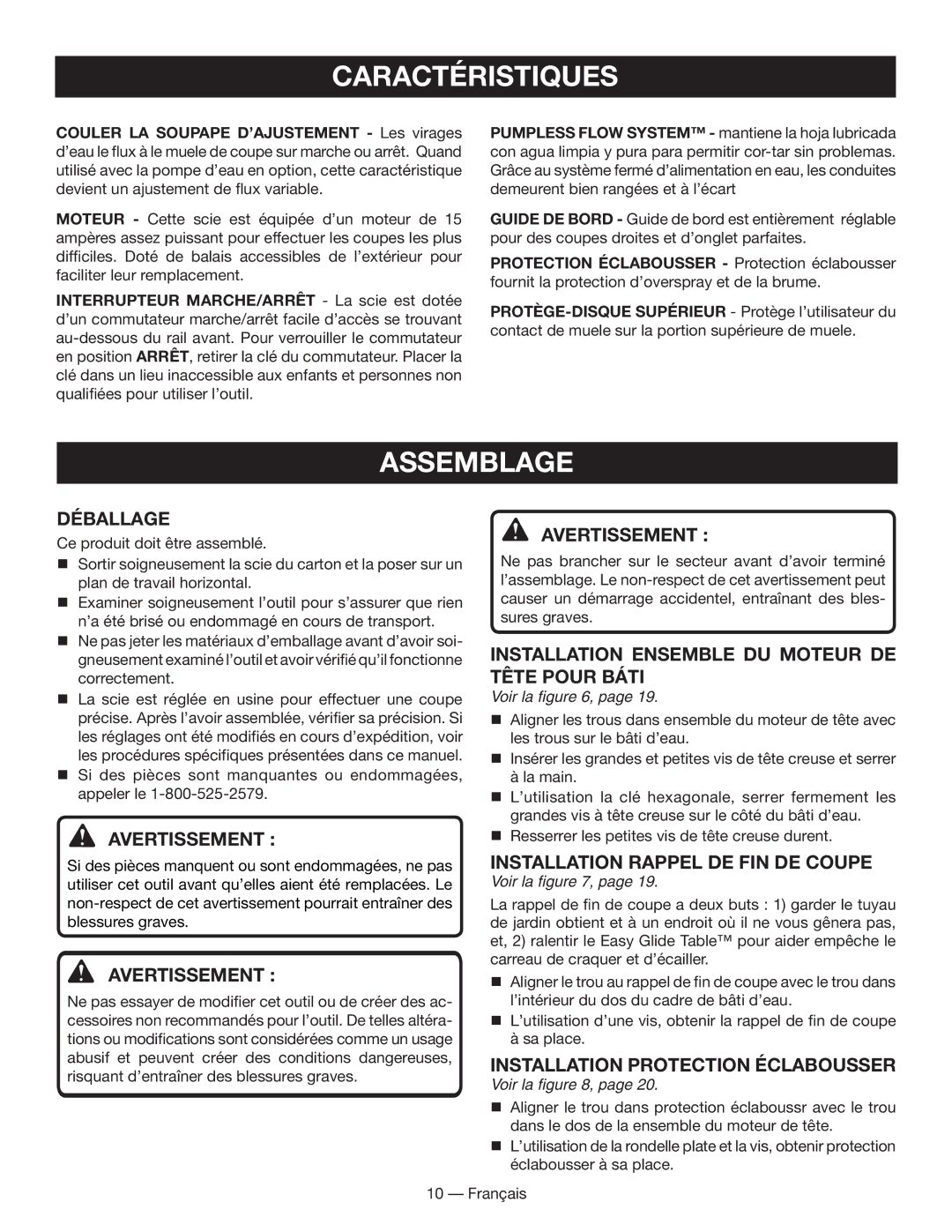 Ryobi WS730 Assemblage, Déballage, Installation ensemble du moteur de tête pour bÁti, Installation rappel de fin de coupe 