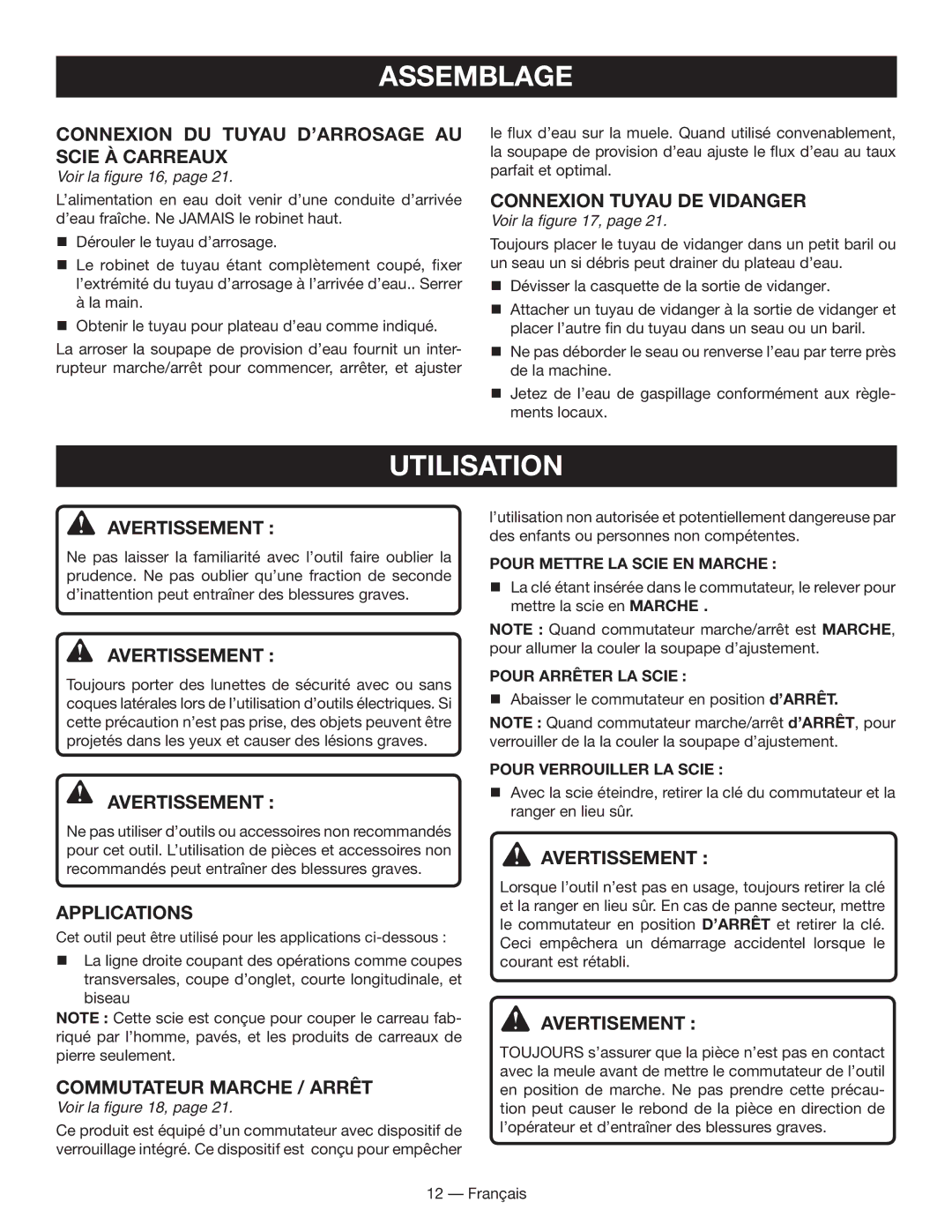 Ryobi WS730 Utilisation, Connexion du tuyau d’arrosage au scie à carreaux, Connexion tuyau de vidanger, Avertisement  