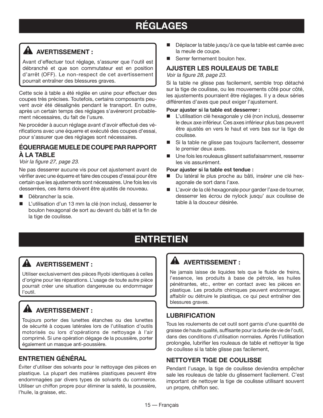 Ryobi WS730 manuel dutilisation Réglages, Entretien Général, Lubrification 