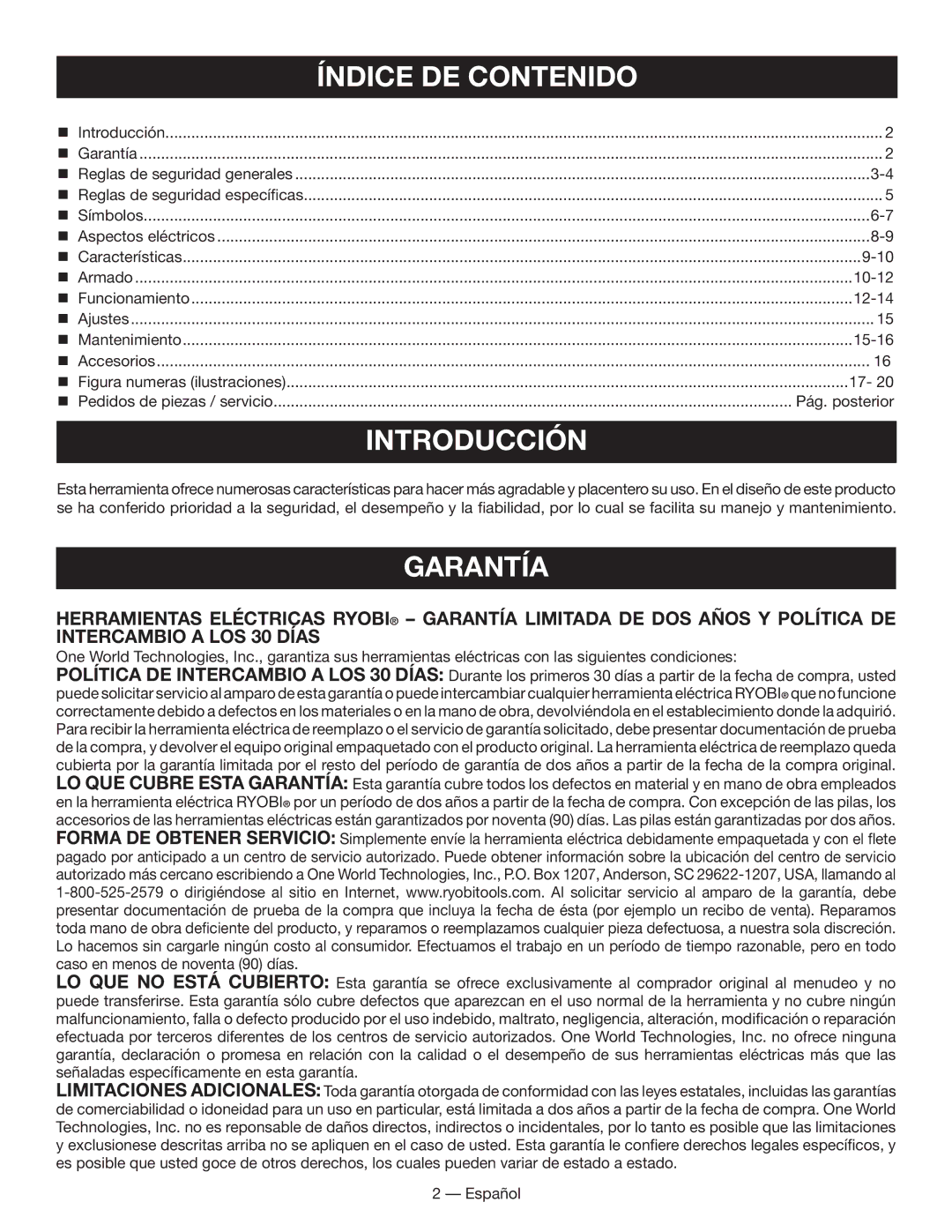 Ryobi WS730 manuel dutilisation Índice DE Contenido, Introducción, Garantía, Pág. posterior 