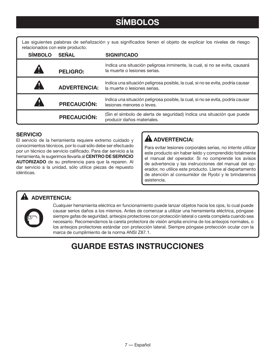 Ryobi WS730 manuel dutilisation Peligro, Servicio 