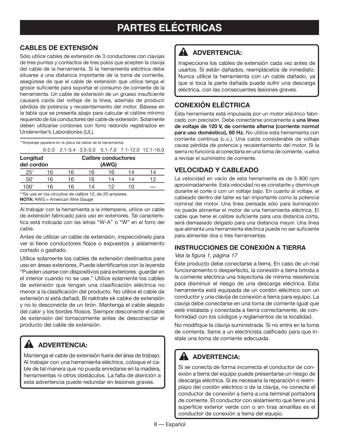 Ryobi WS730 manuel dutilisation Partes Eléctricas, Cables de extensión, Conexión eléctrica, Velocidad Y Cableado, Awg 