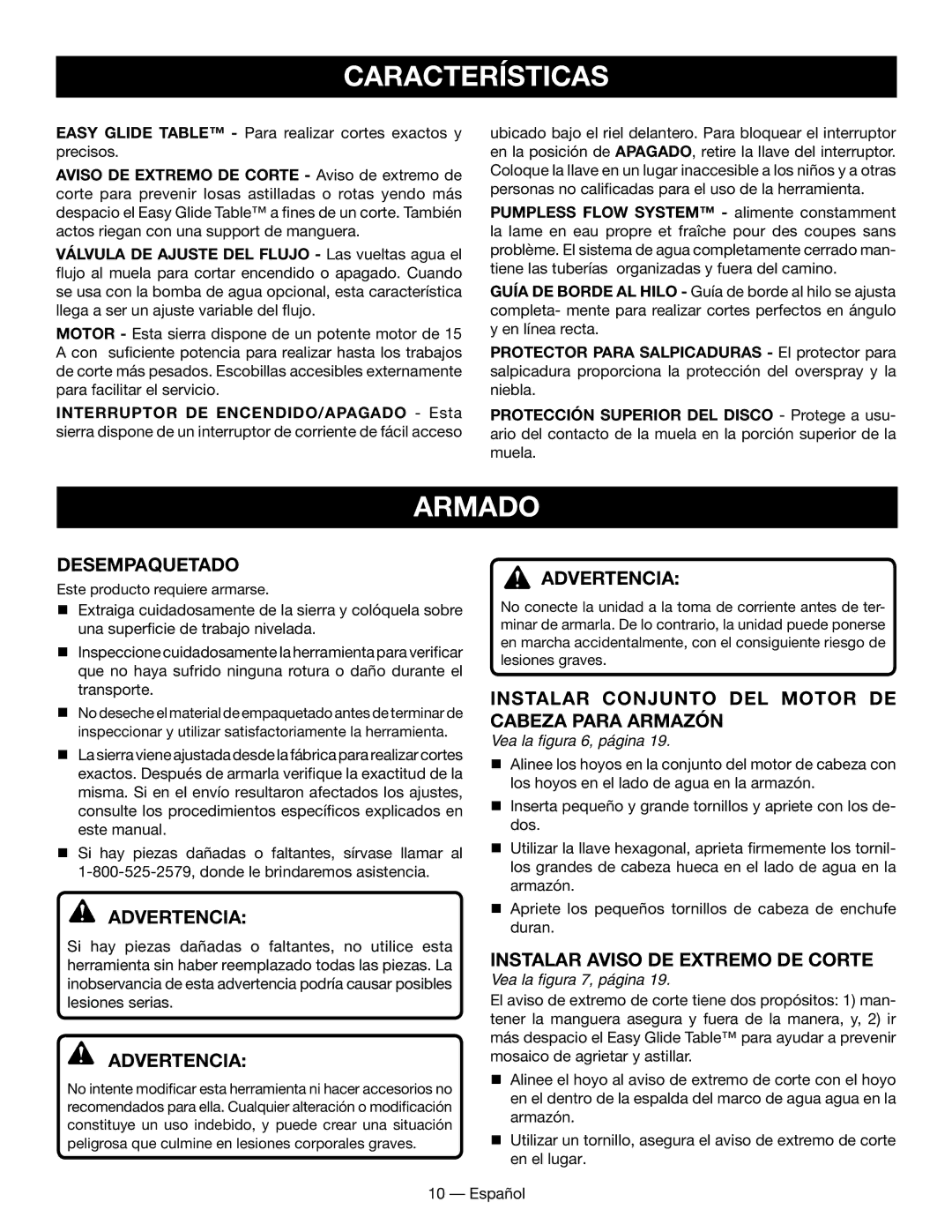 Ryobi WS730 Armado, Desempaquetado, Instalar conjunto del motor de cabeza para armazón, Instalar Aviso de extremo de corte 